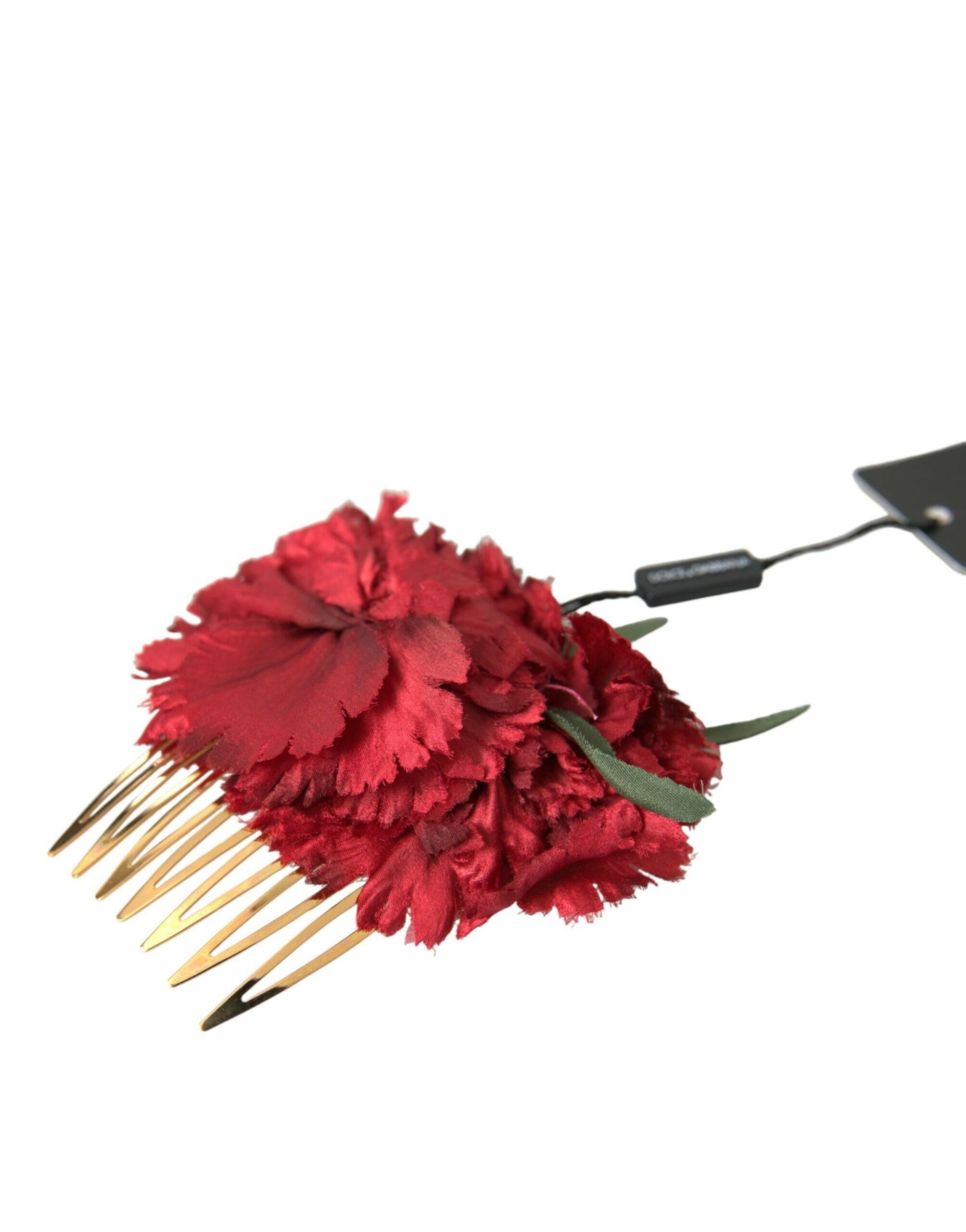 Dolce & Gabbana Red Silk Floral Gold Brass Women Hair Comb.