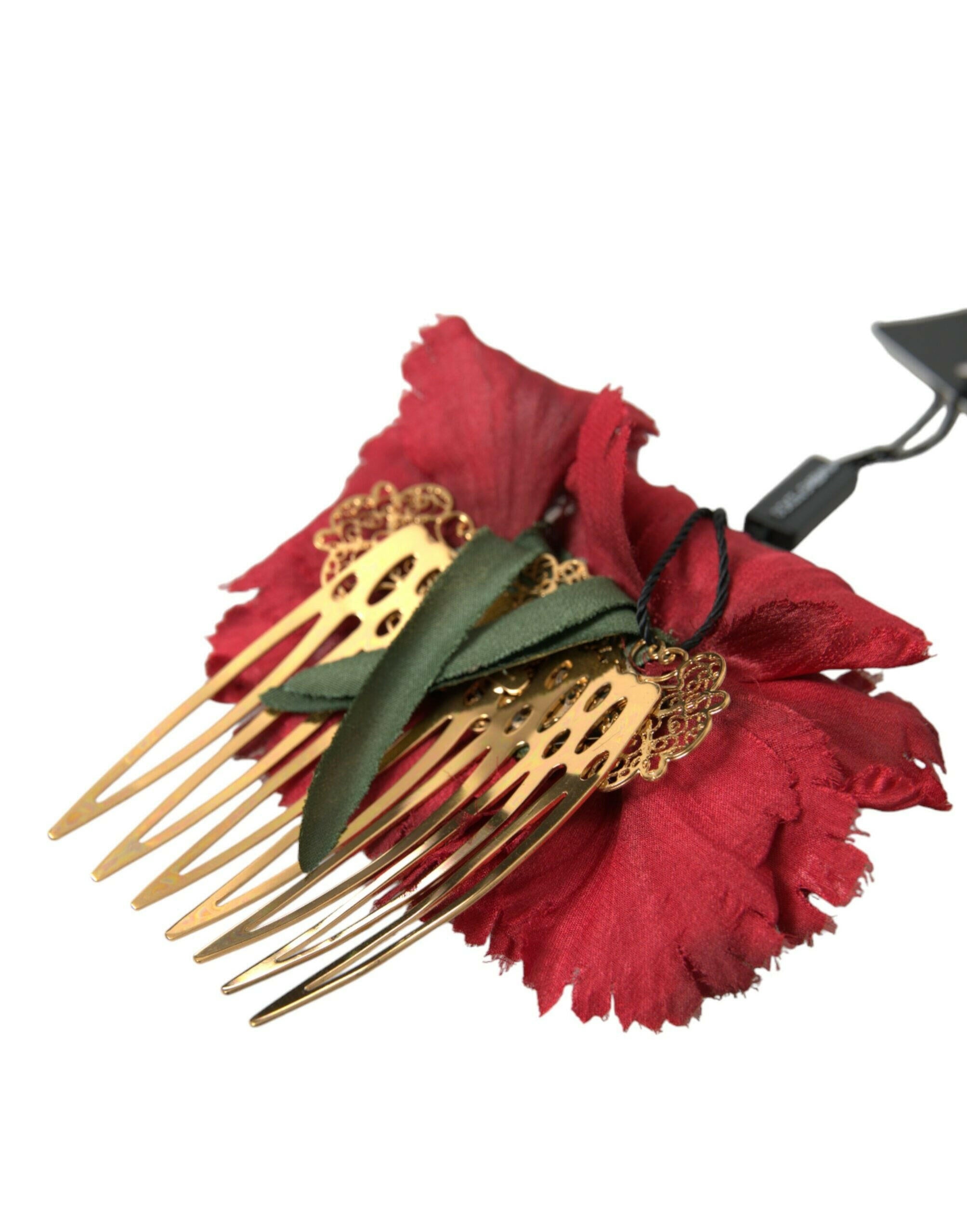 Dolce & Gabbana Red Silk Floral Gold Brass Women Hair Comb.