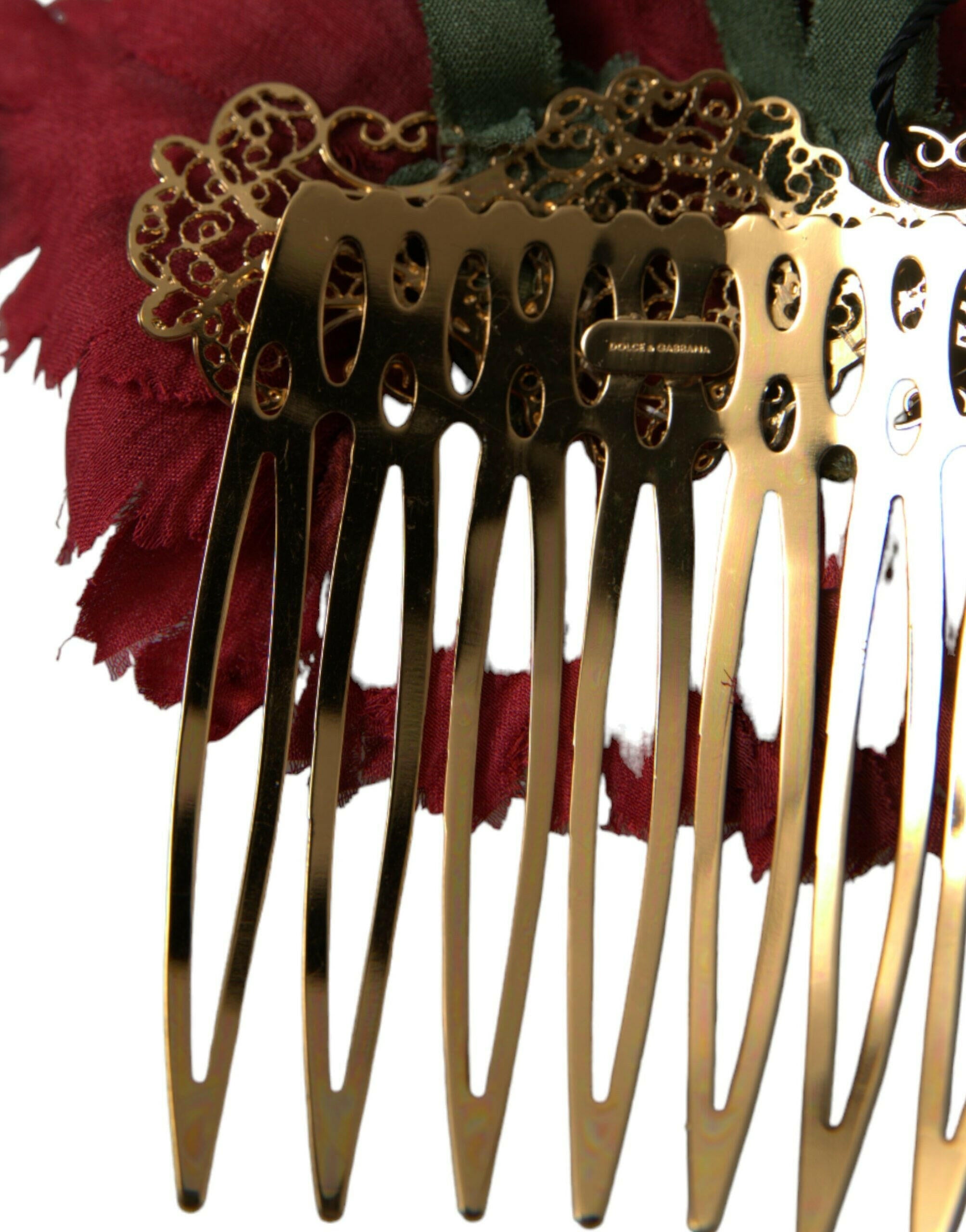 Dolce & Gabbana Red Silk Floral Gold Brass Women Hair Comb.