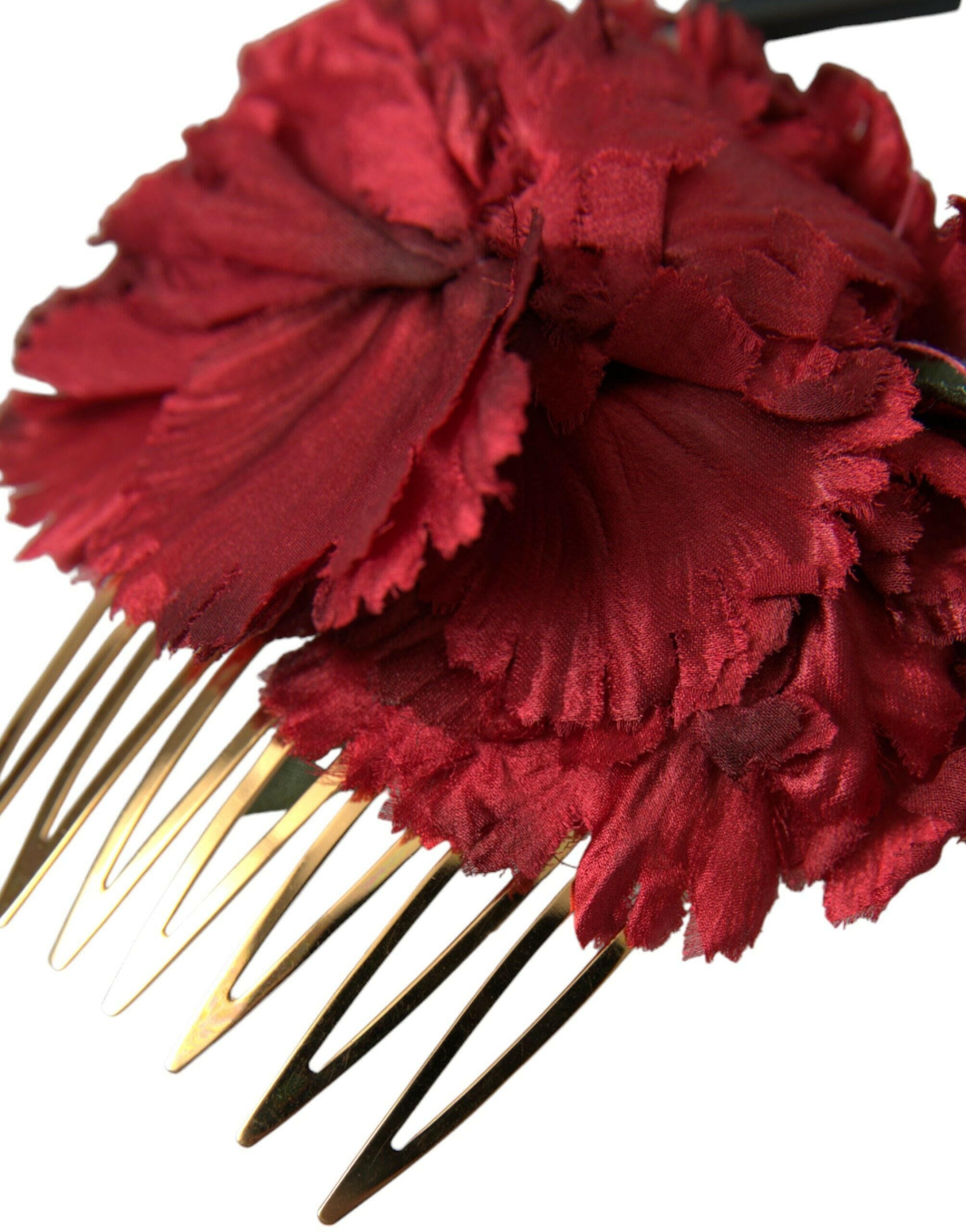 Dolce & Gabbana Red Silk Floral Gold Brass Women Hair Comb.