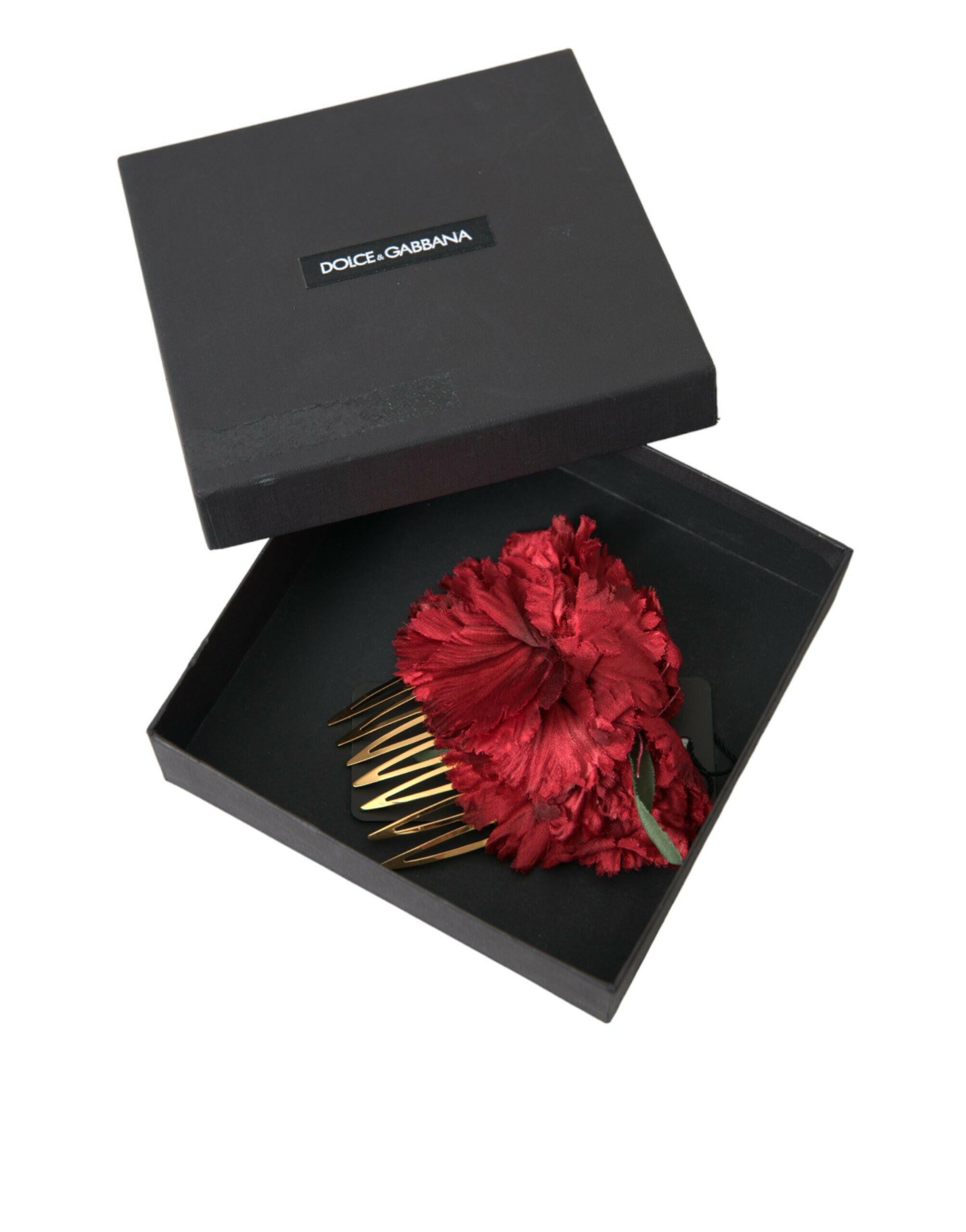 Dolce & Gabbana Red Silk Floral Gold Brass Women Hair Comb.