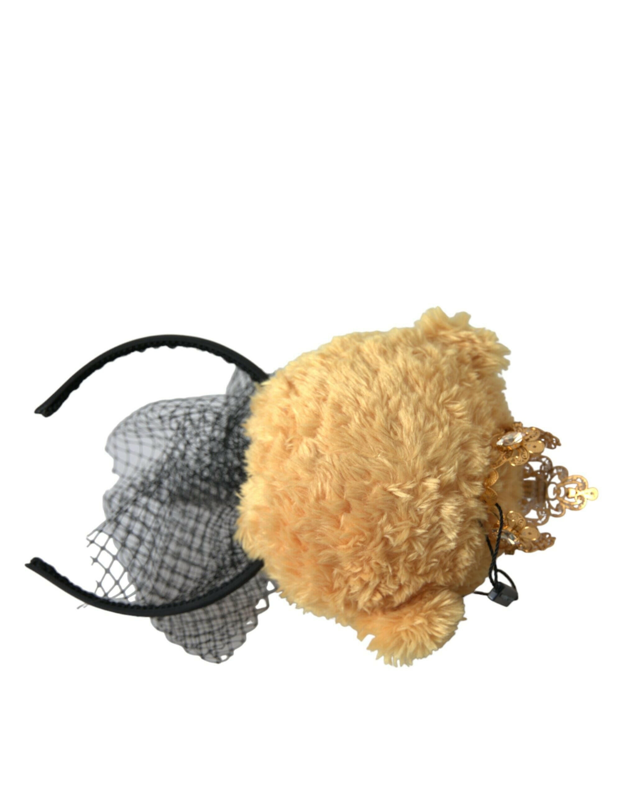 Dolce & Gabbana Brown Teddy Bear Gold Crystal Crown Hair Band Diadem.