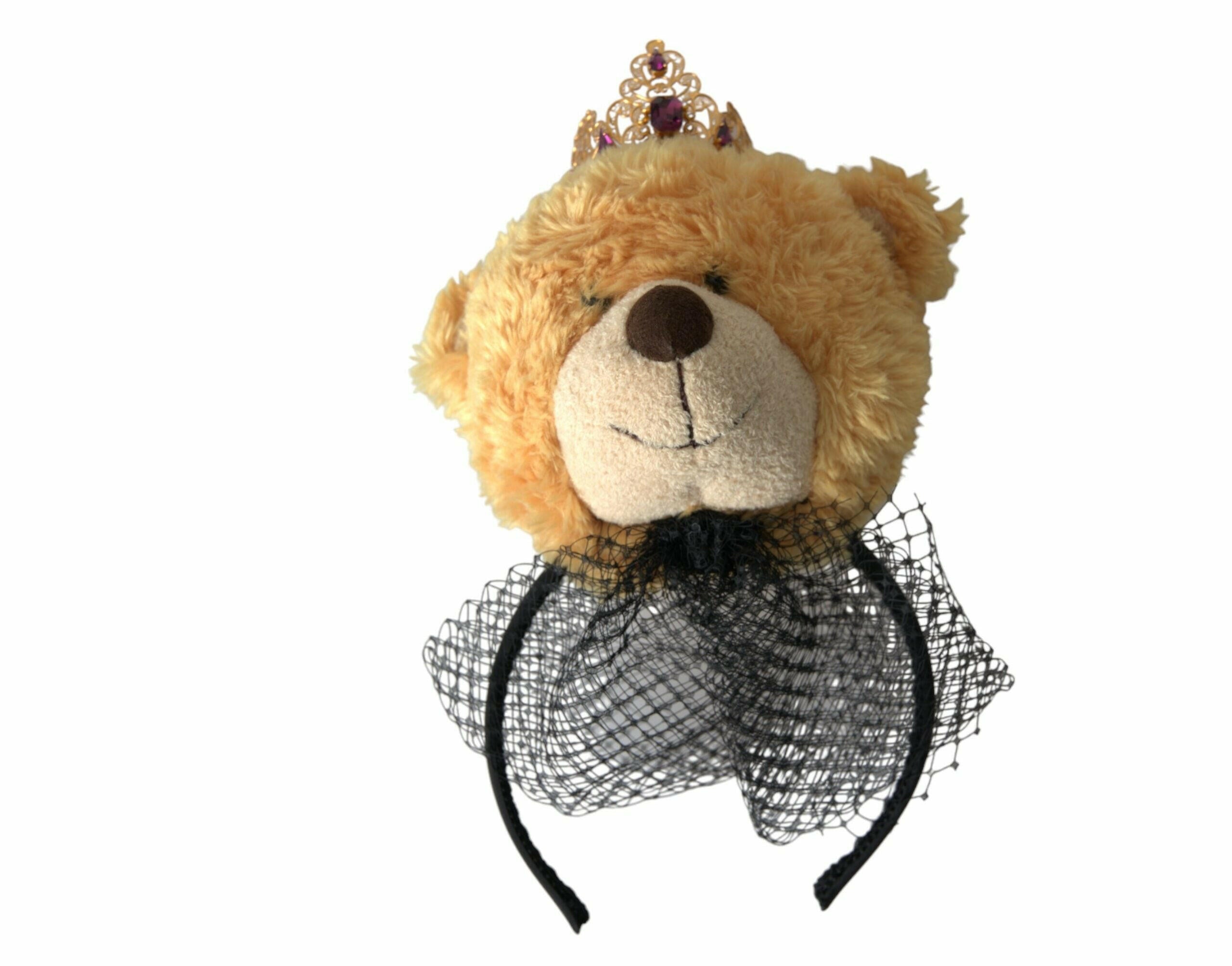 Dolce & Gabbana Brown Teddy Bear Gold Crystal Crown Hair Band Diadem.
