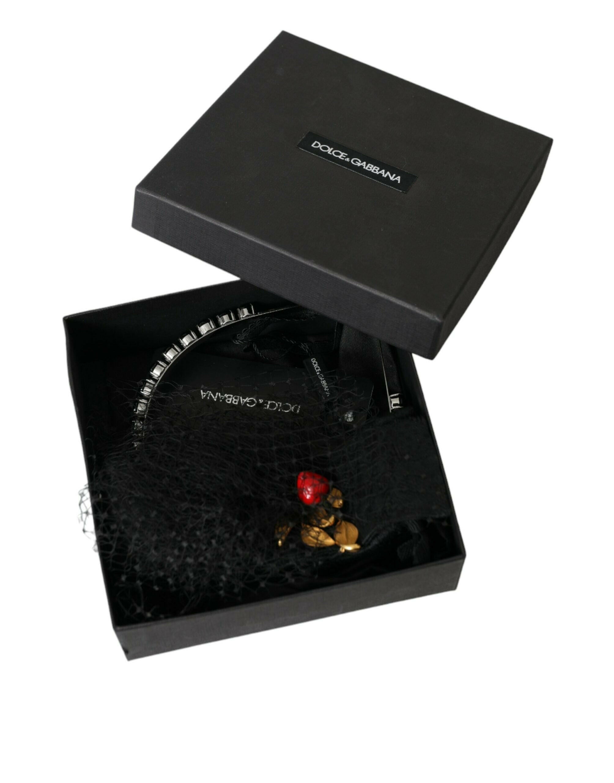 Dolce & Gabbana Black Strawberry Sicily Crystal Mesh Net Headband Diadem.