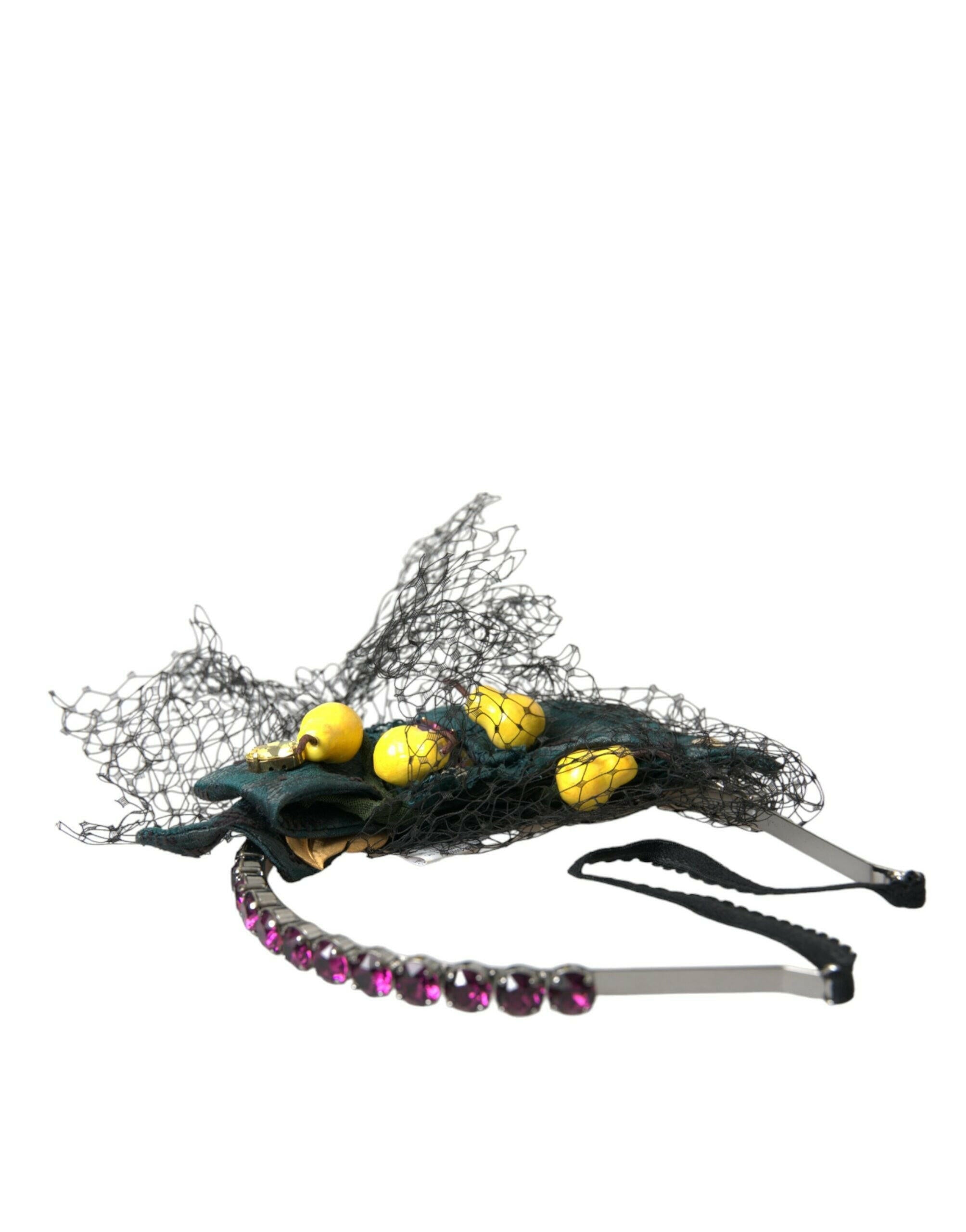 Dolce & Gabbana Black Lemons Sicily Purple Crystal Net Headband Diadem.