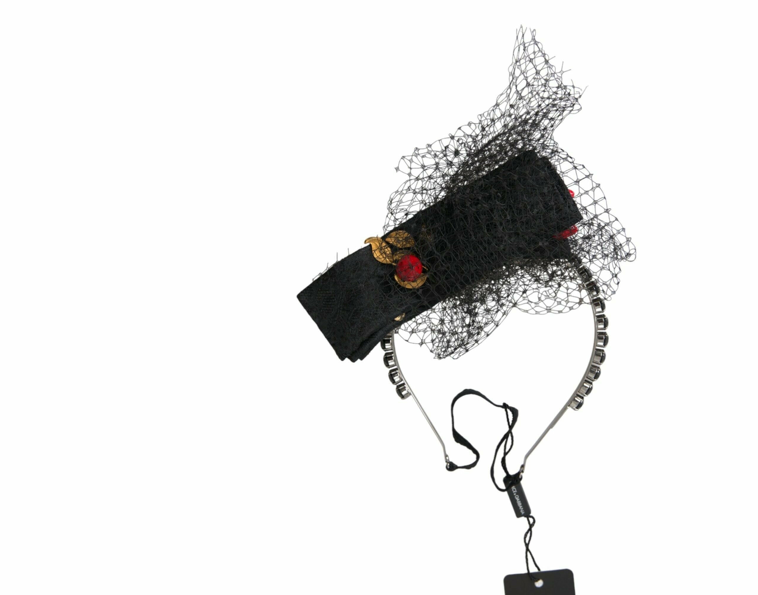 Dolce & Gabbana Black Strawberry Sicily Crystal Mesh Net Headband Diadem.