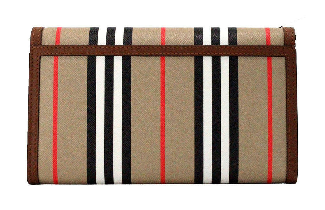 Burberry Hannah Icon Stripe Archive Tan E-Canvas Leather Wallet Crossbody Bag.
