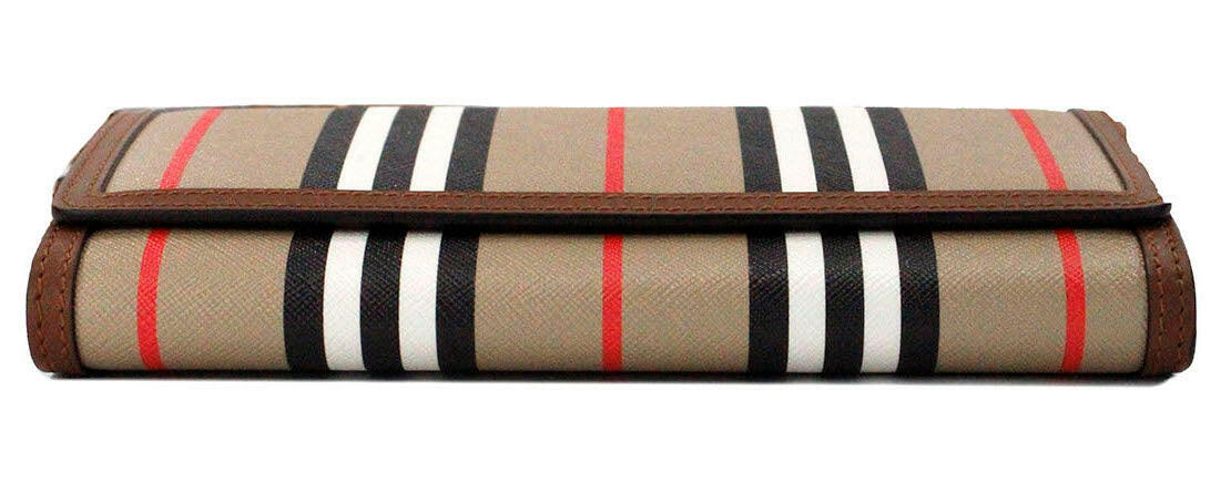 Burberry Hannah Icon Stripe Archive Tan E-Canvas Leather Wallet Crossbody Bag.