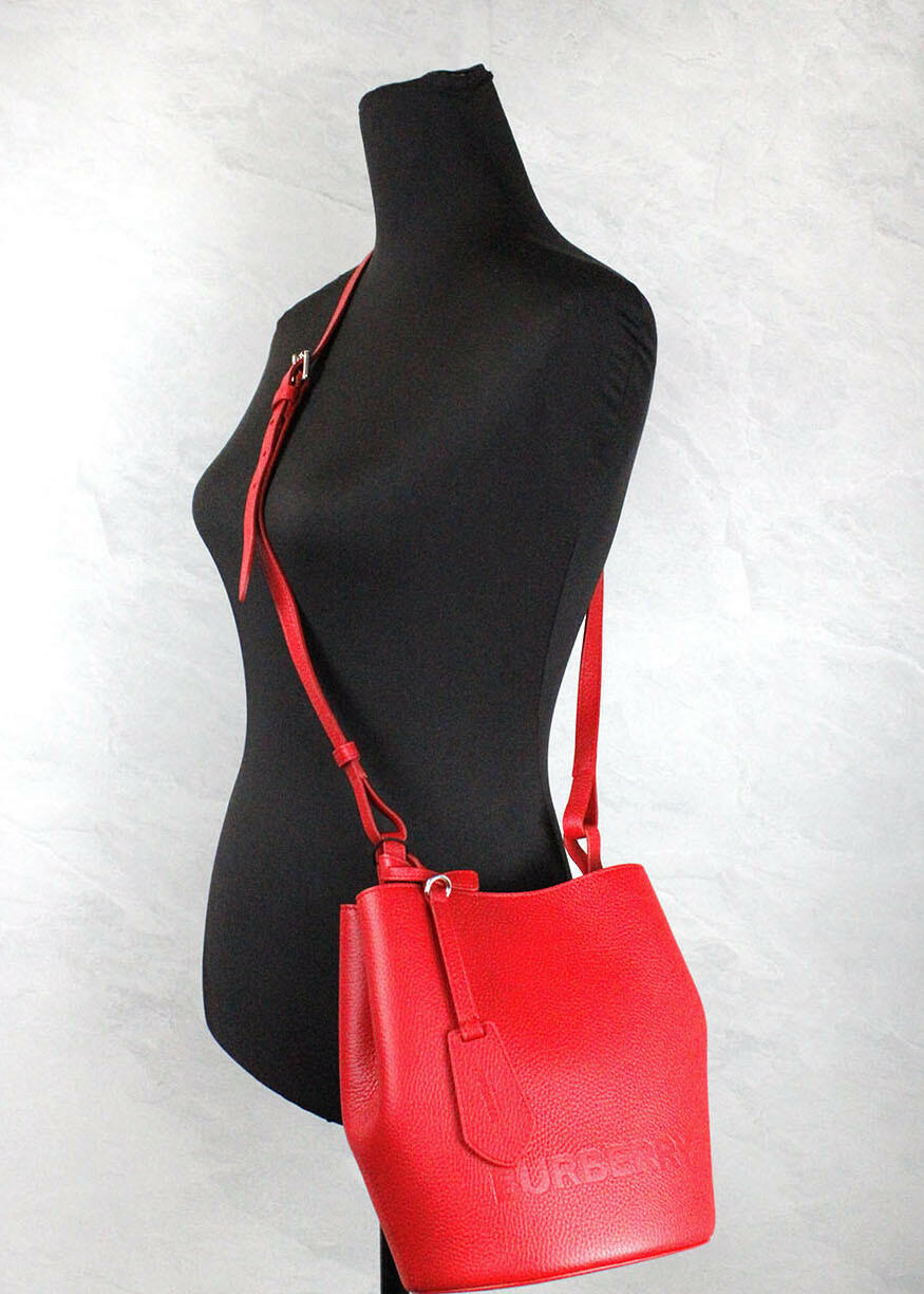 Burberry Lorne Small Red Pebbled Leather Bucket Crossbody Purse Bag.