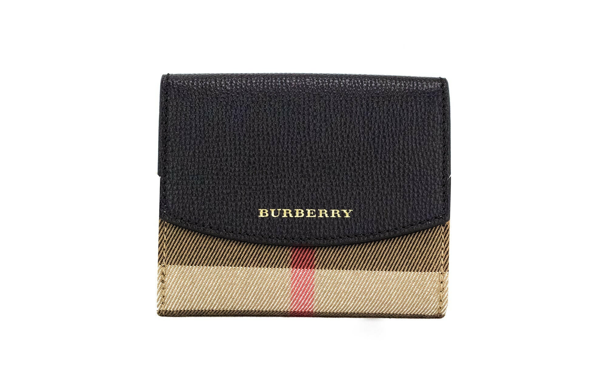 Burberry Luna Black Grained Leather House Check Canvas Coin Pouch Snap Wallet.