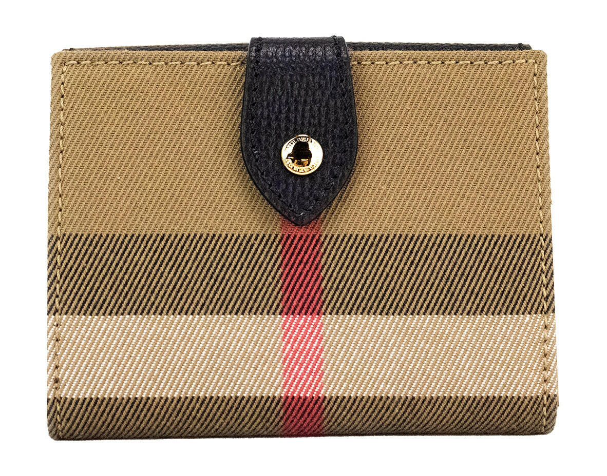 Burberry Luna Black Grained Leather House Check Canvas Coin Pouch Snap Wallet.