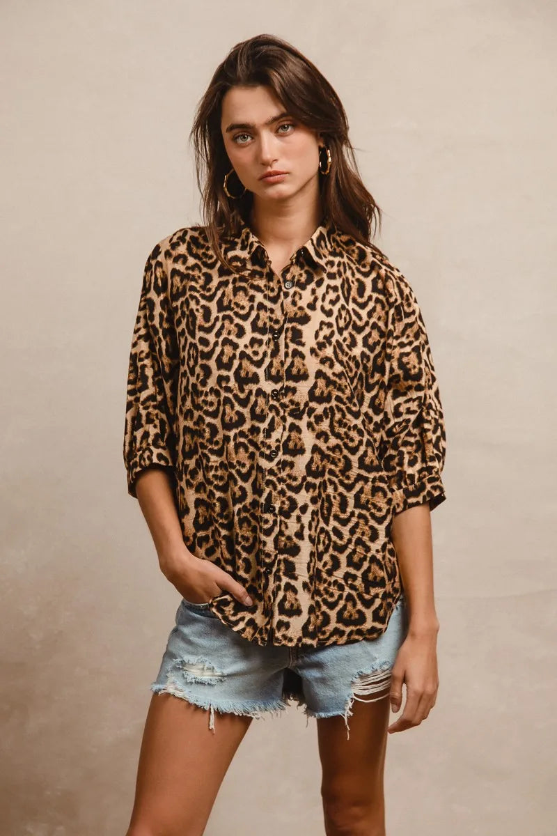 BiBi Leopard Prints Overseized Short Sleeves Top.