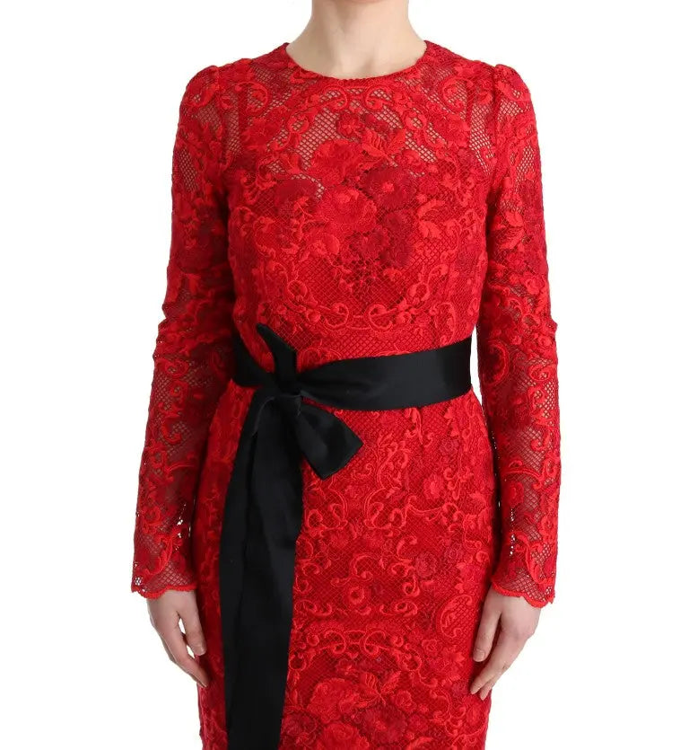 Dolce & Gabbana Elegant Red Sheath Dress with Silk Bow Belt Dolce & Gabbana