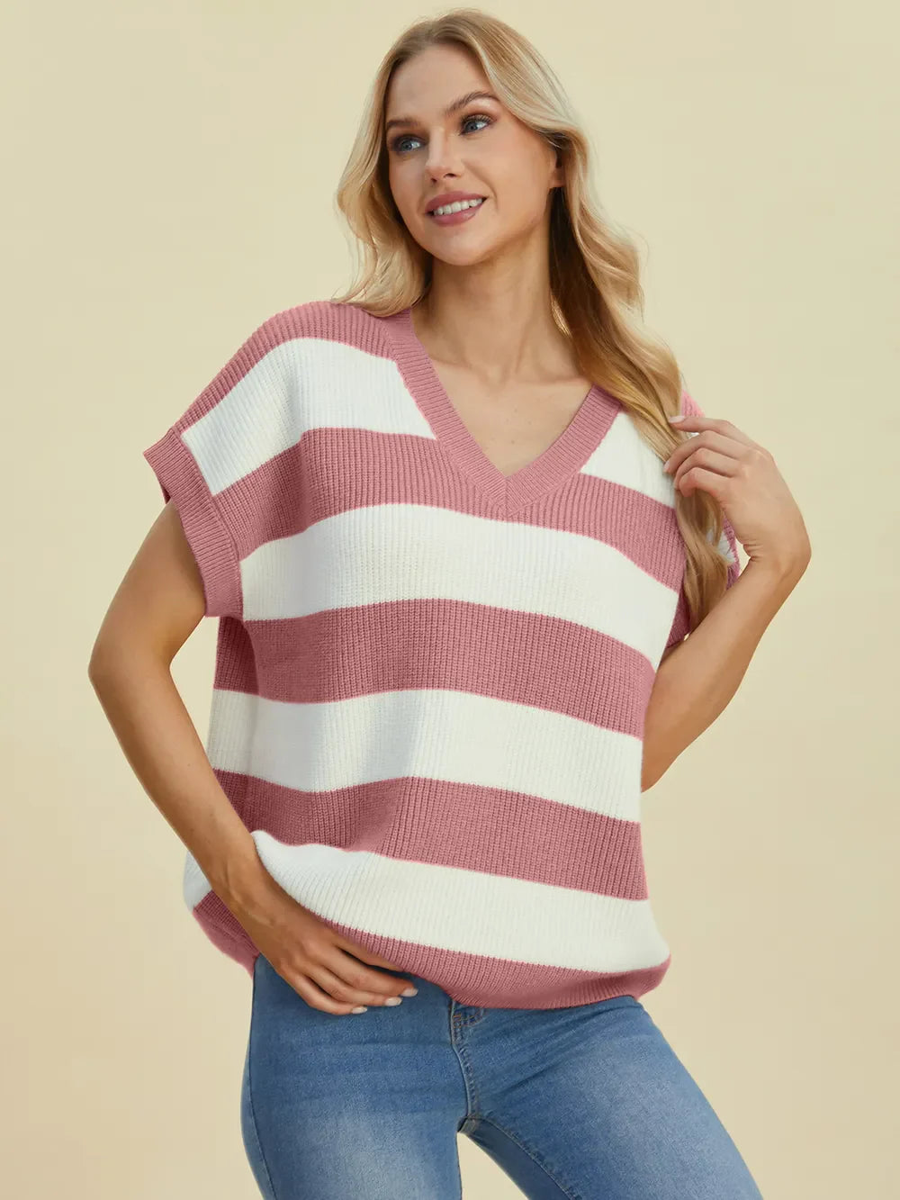Double Take Full Size Striped V-Neck Short Sleeve Sweater.