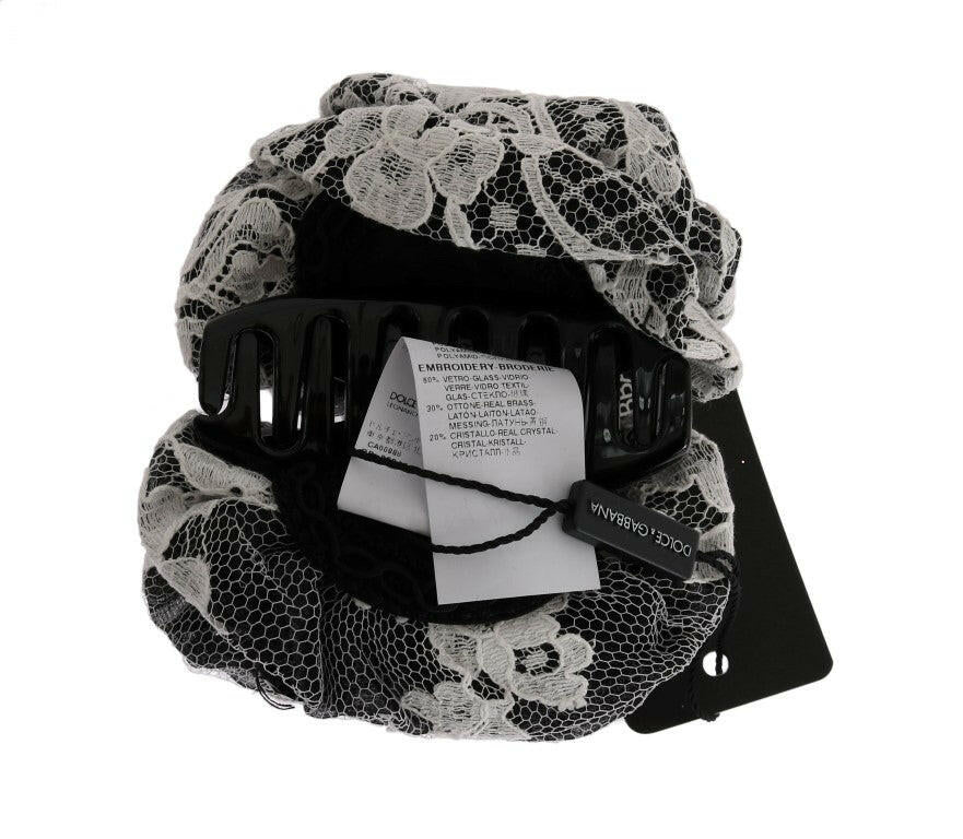 Dolce & Gabbana Black White Floral Lace Crystal Hair Claw.