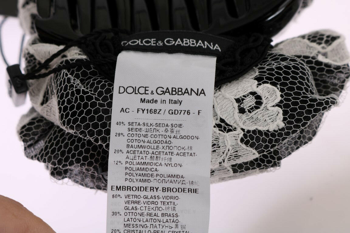 Dolce & Gabbana Black White Floral Lace Crystal Hair Claw.