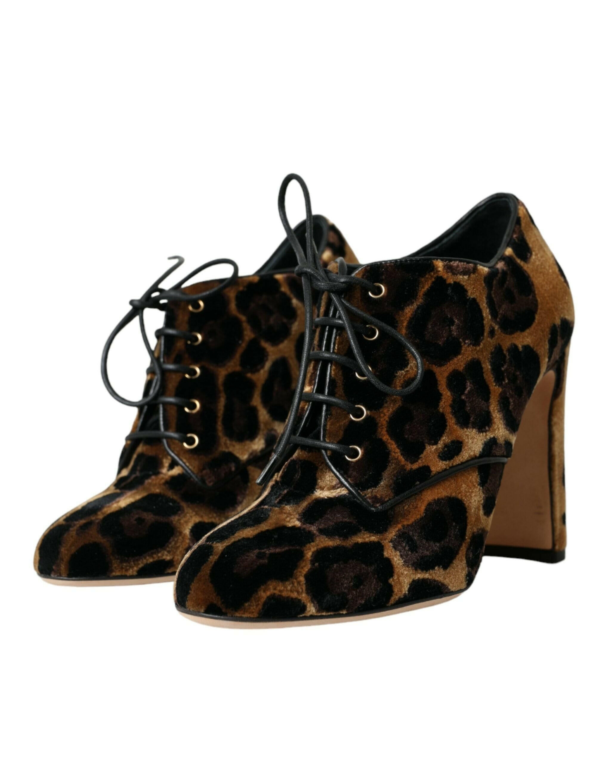 Dolce & Gabbana Brown Leopard Hair Lace Up Booties Shoes.
