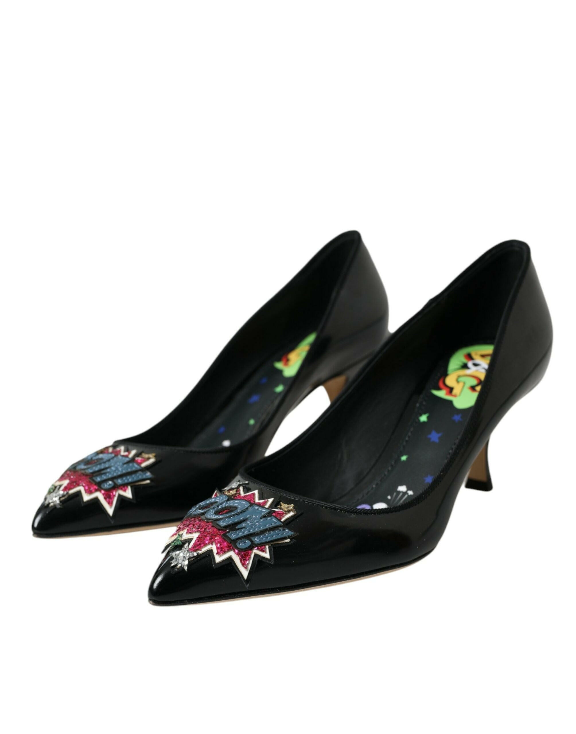 Dolce & Gabbana Black Leather BOOM Patch Heels Pumps Shoes.