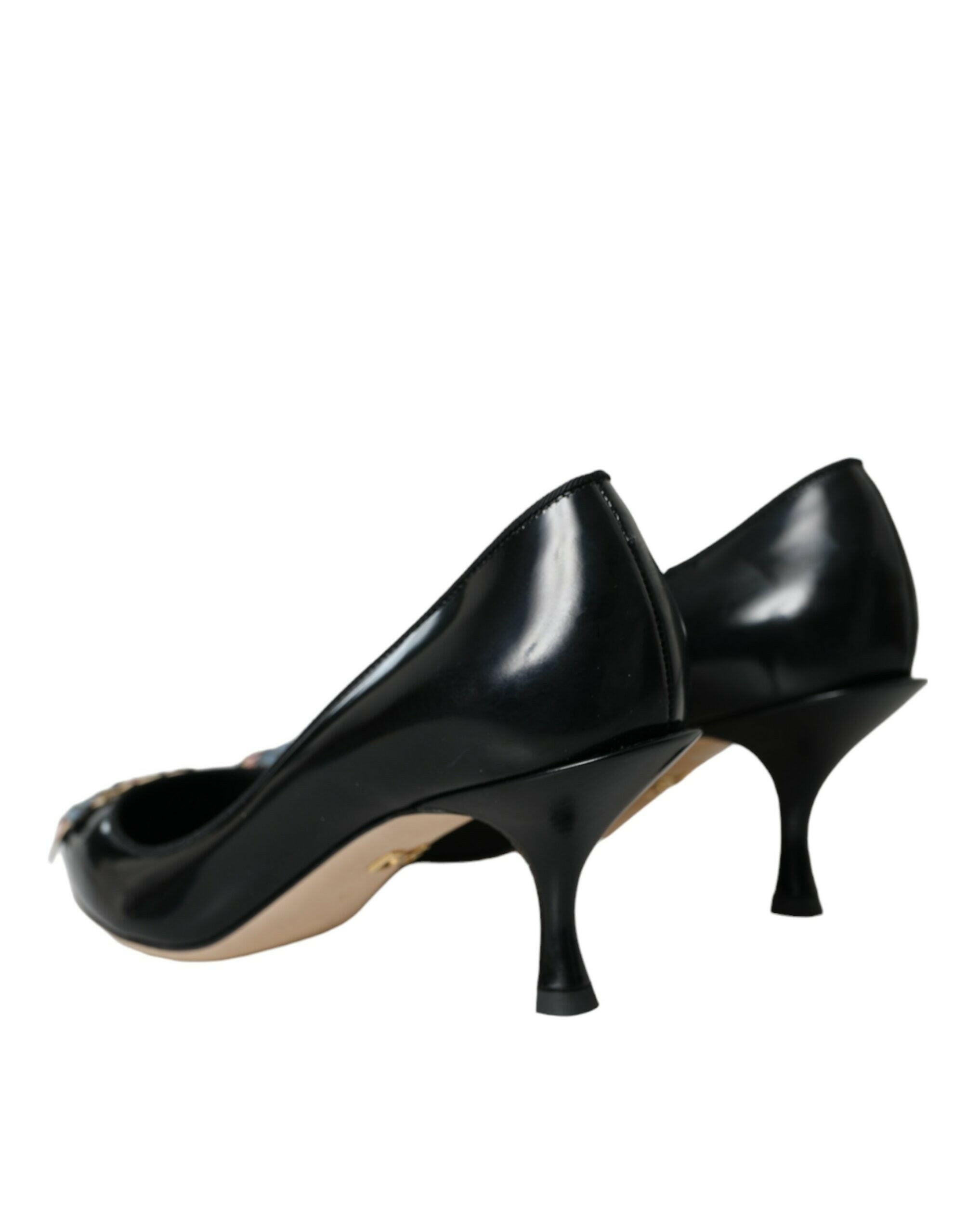 Dolce & Gabbana Black Leather BOOM Patch Heels Pumps Shoes.