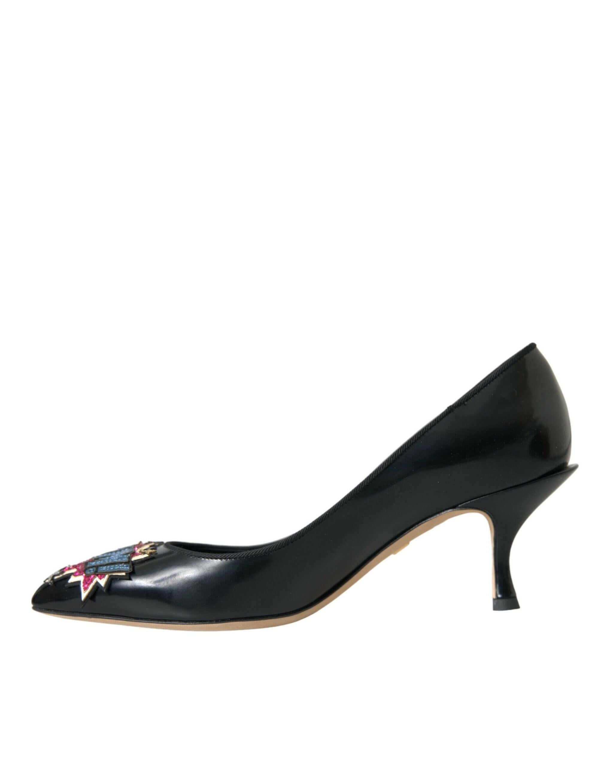 Dolce & Gabbana Black Leather BOOM Patch Heels Pumps Shoes.