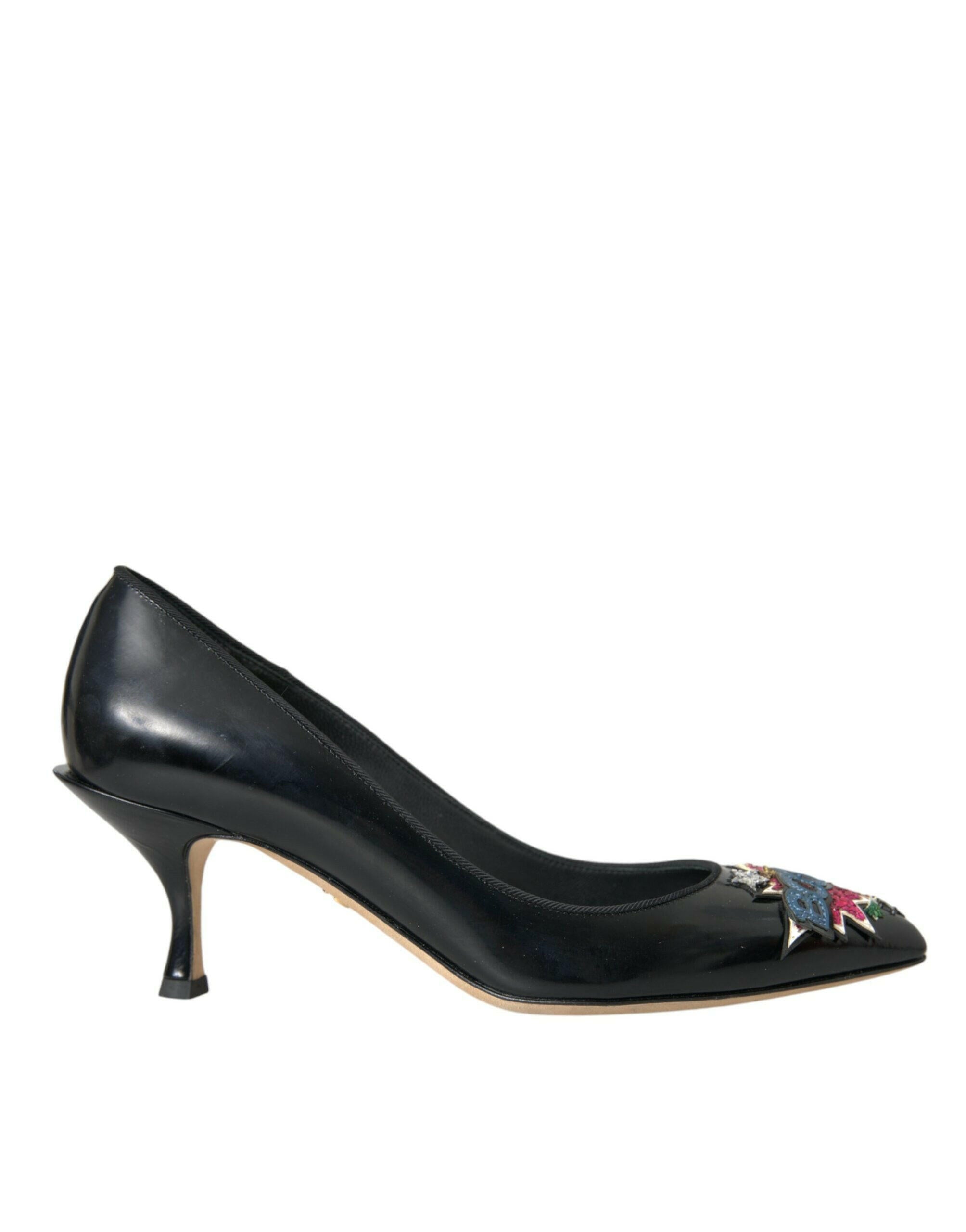 Dolce & Gabbana Black Leather BOOM Patch Heels Pumps Shoes.