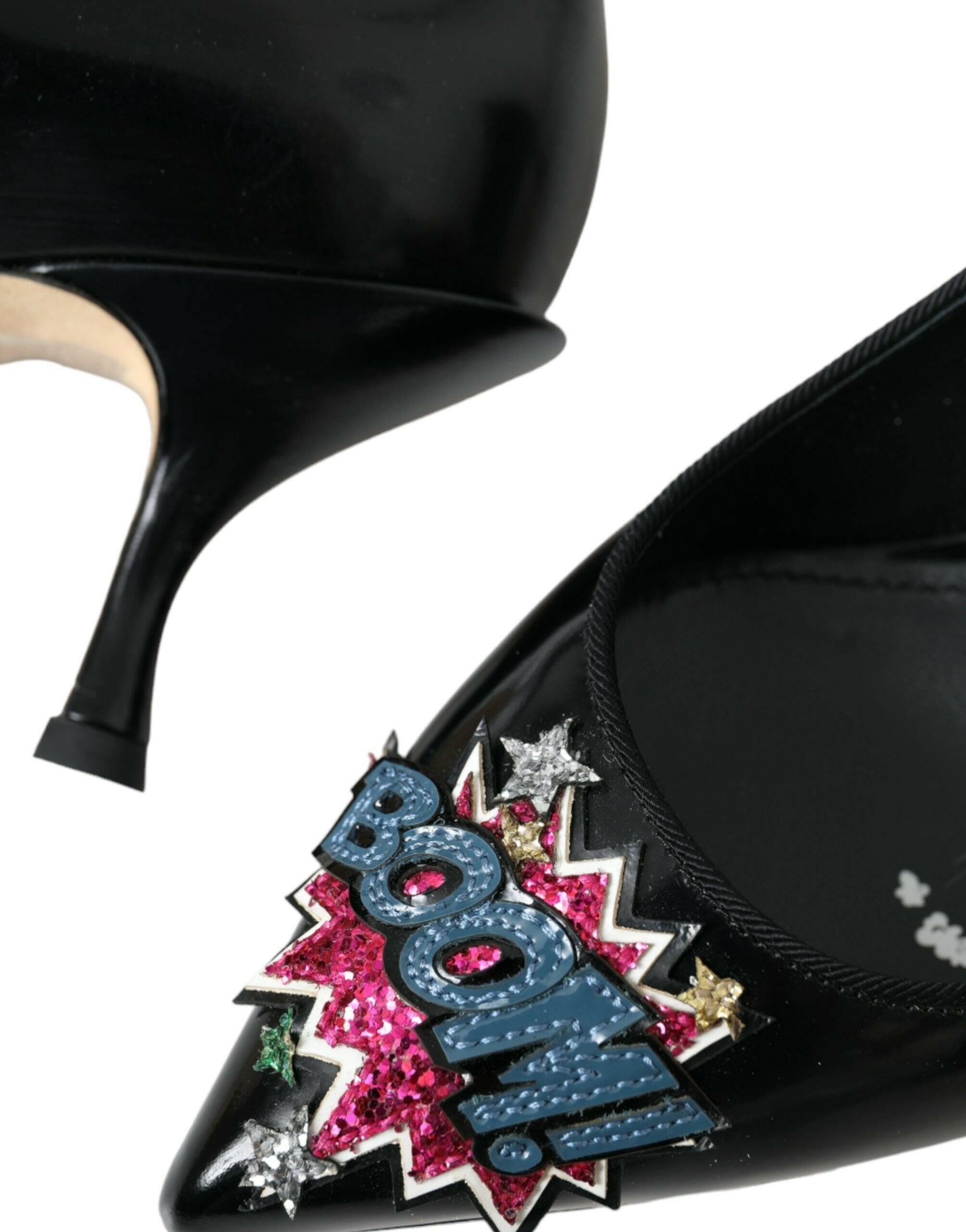 Dolce & Gabbana Black Leather BOOM Patch Heels Pumps Shoes.
