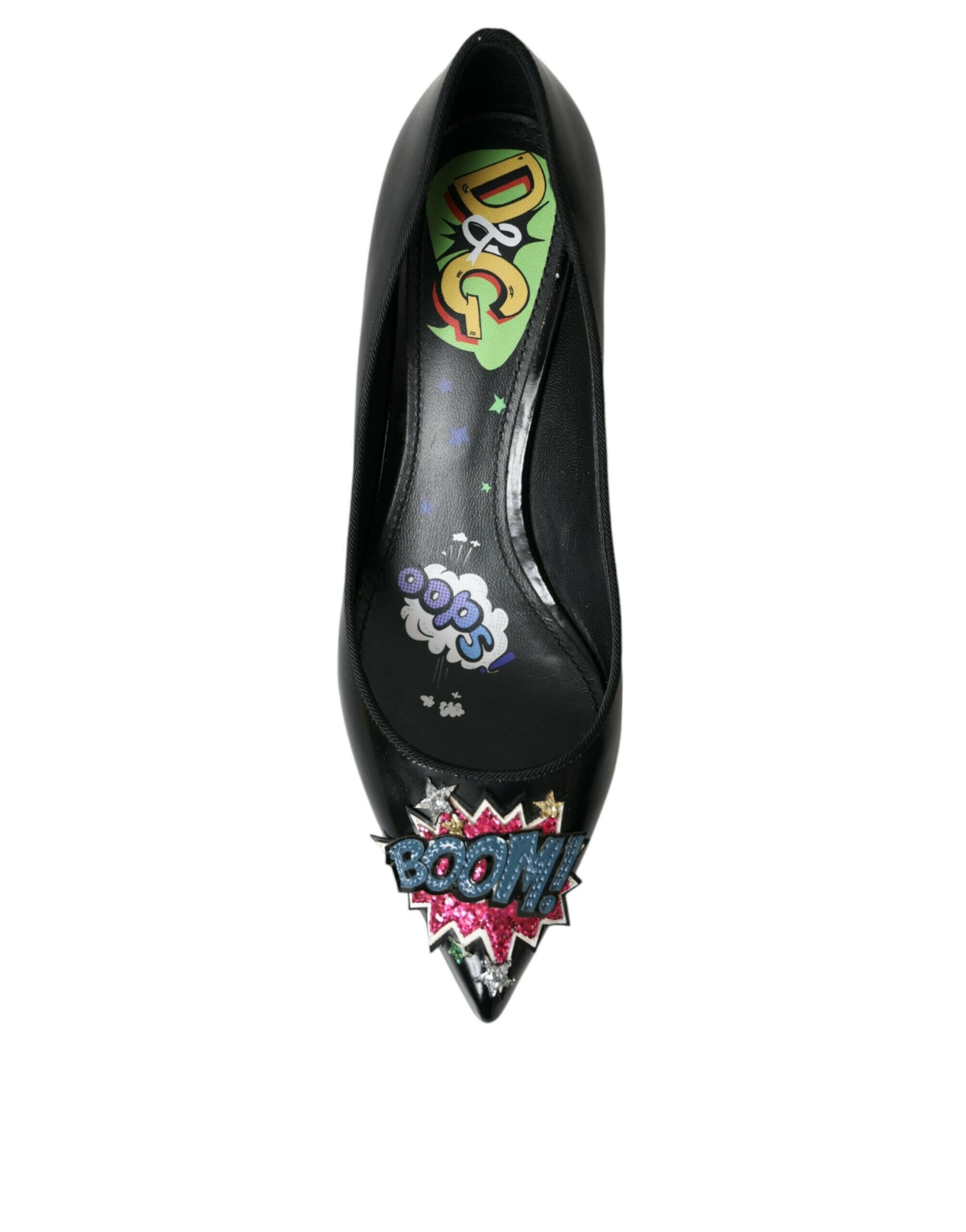 Dolce & Gabbana Black Leather BOOM Patch Heels Pumps Shoes.