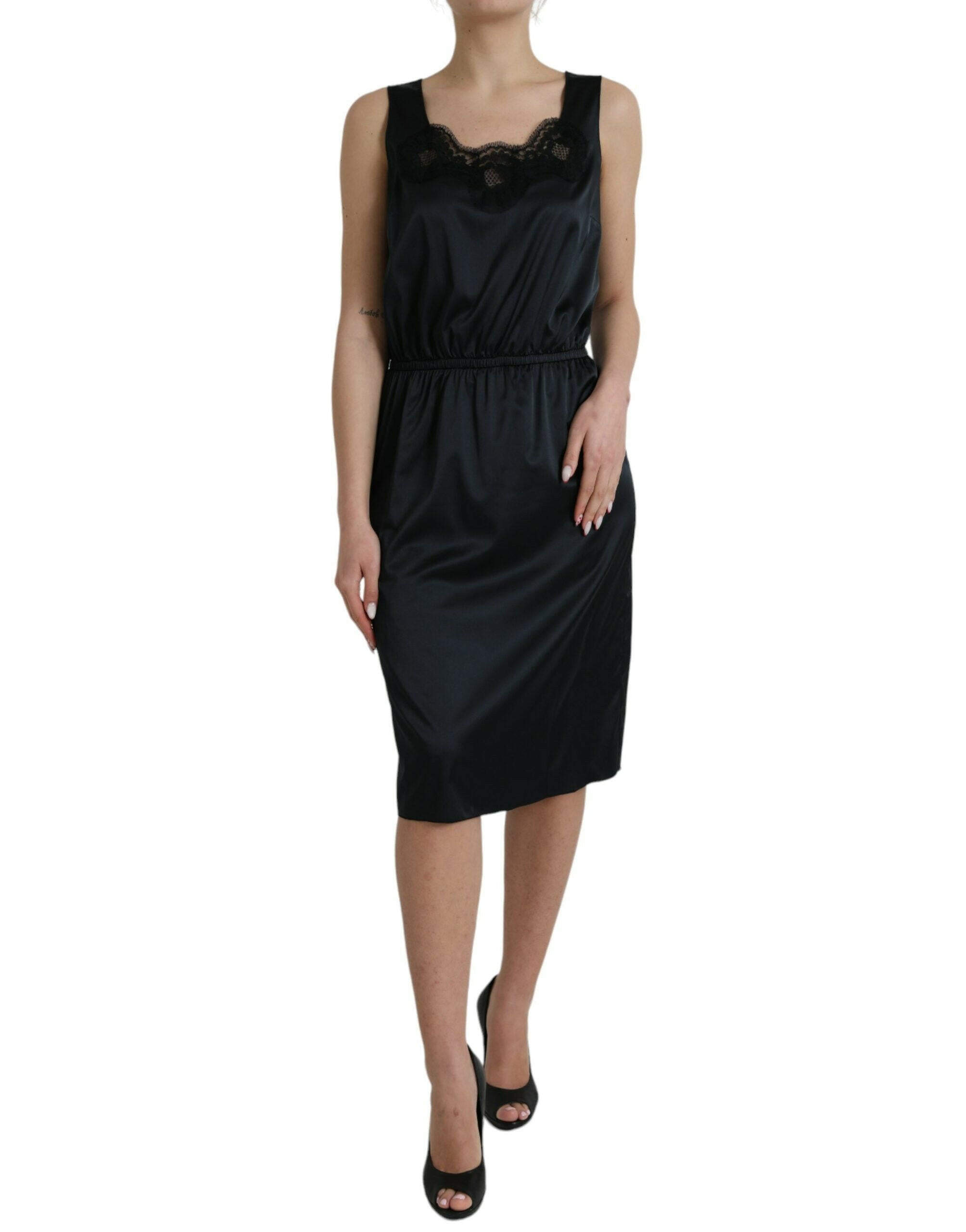 Dolce & Gabbana Black Polyester Lace Trim Sheath Midi Dress.