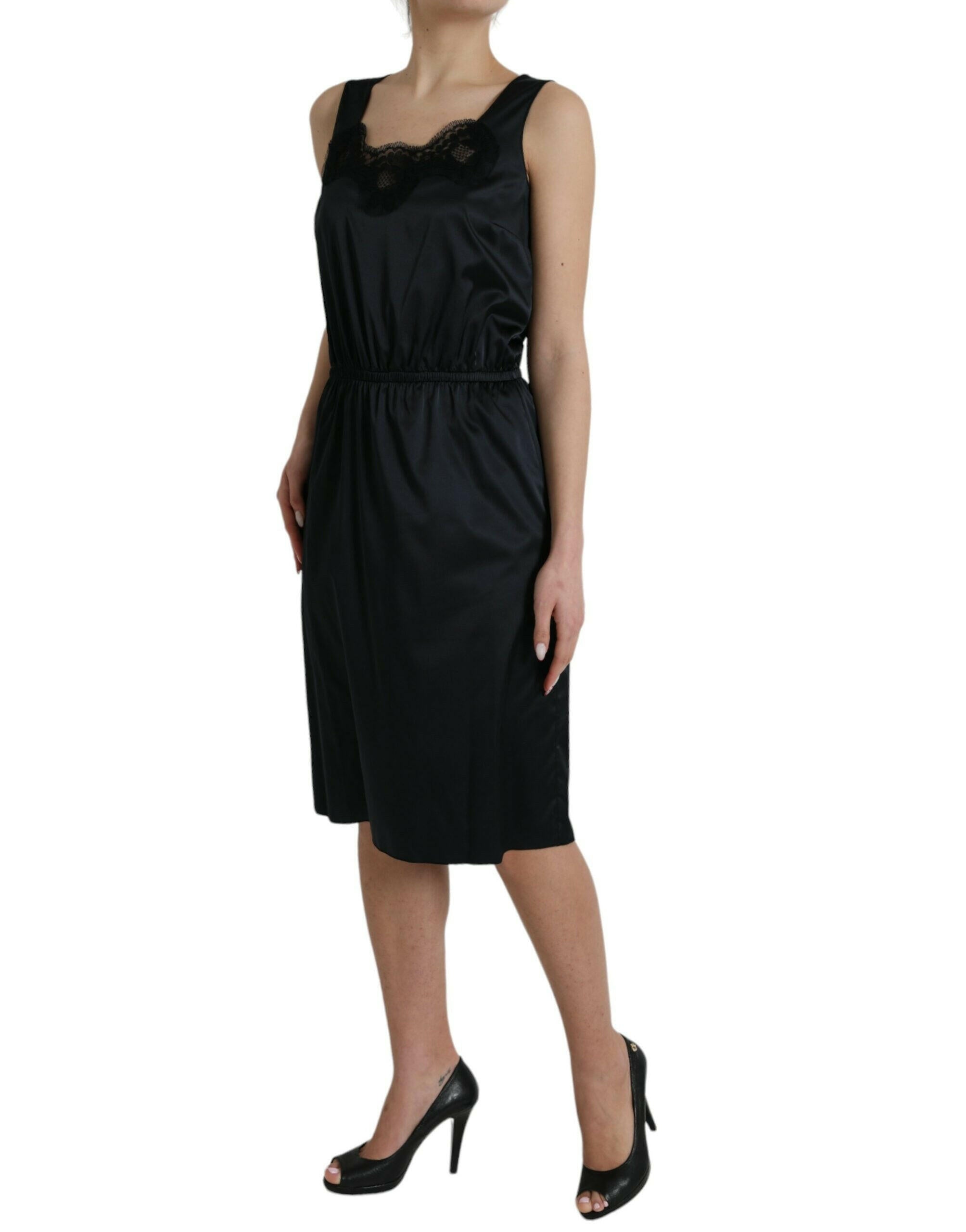Dolce & Gabbana Black Polyester Lace Trim Sheath Midi Dress.