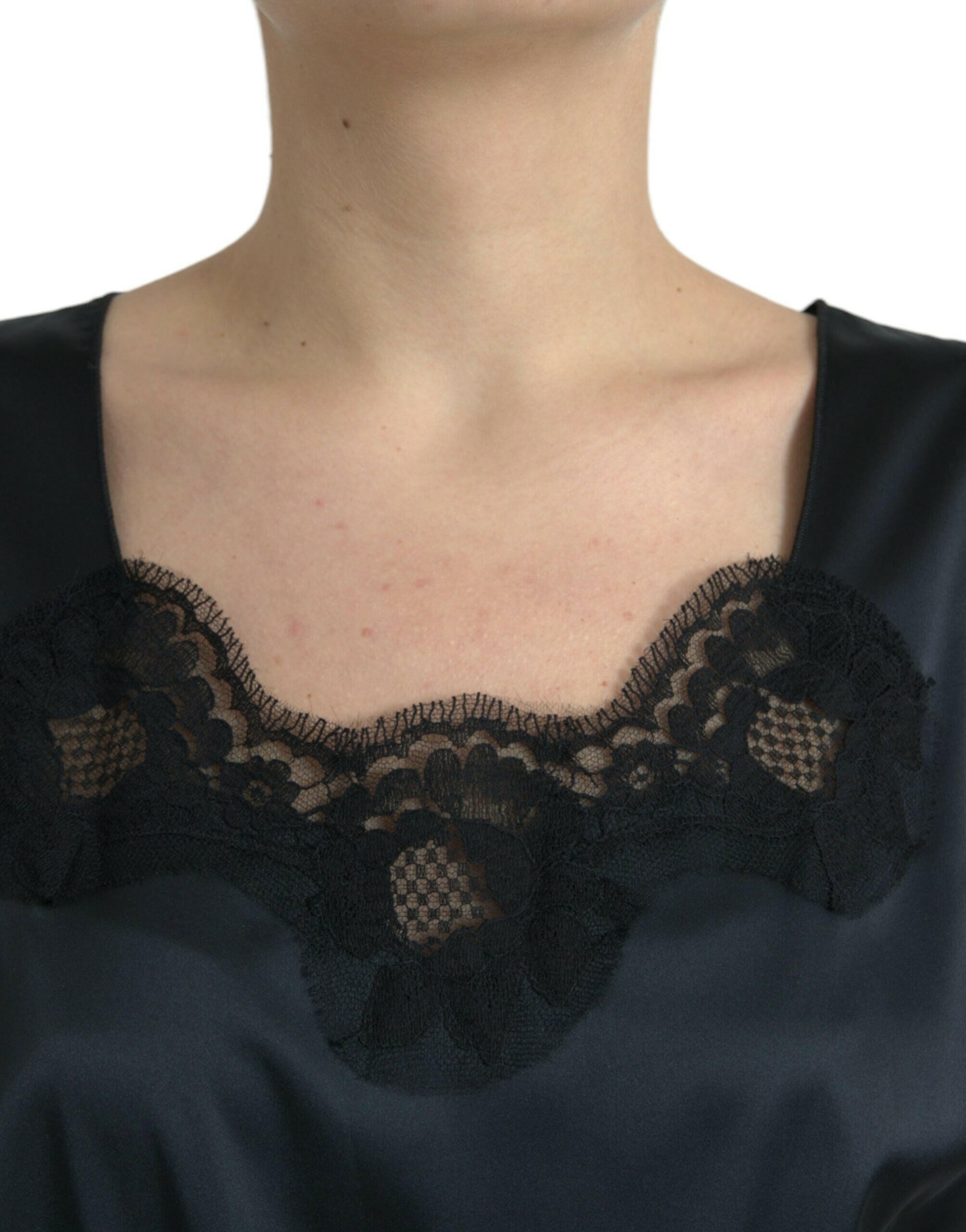 Dolce & Gabbana Black Polyester Lace Trim Sheath Midi Dress.