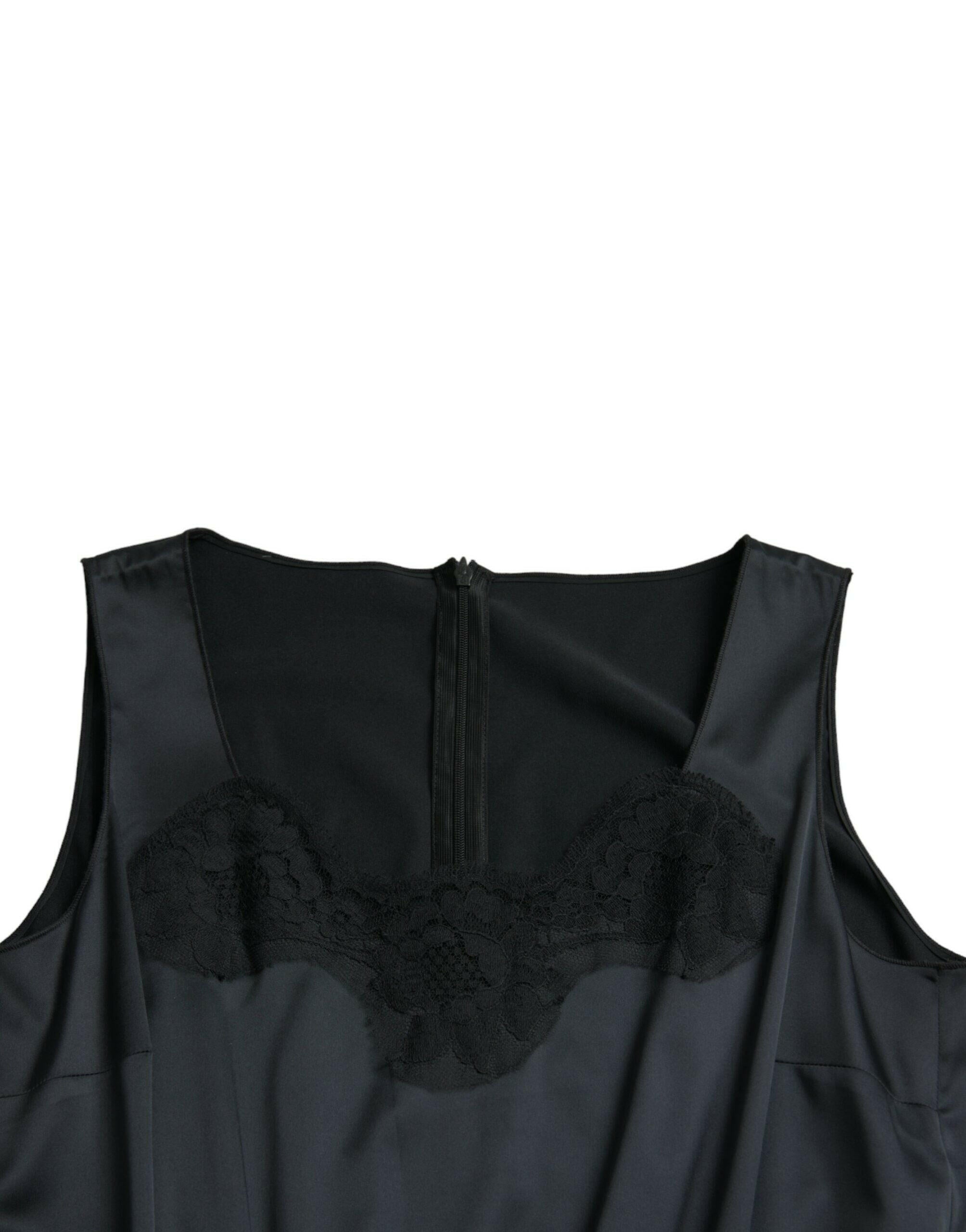 Dolce & Gabbana Black Polyester Lace Trim Sheath Midi Dress.
