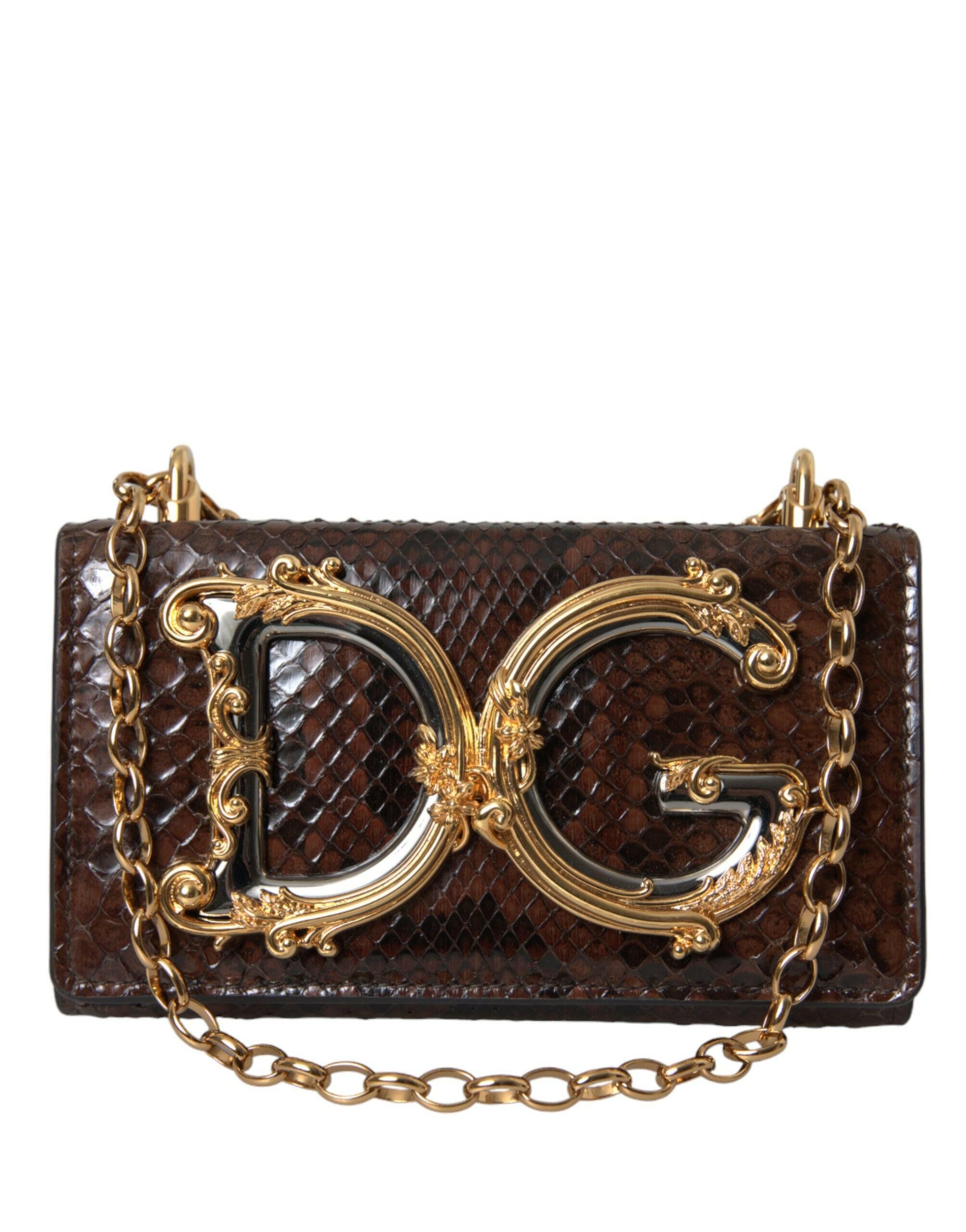 Dolce & Gabbana Brown Python Leather DG Girls Crossbody Phone Bag.