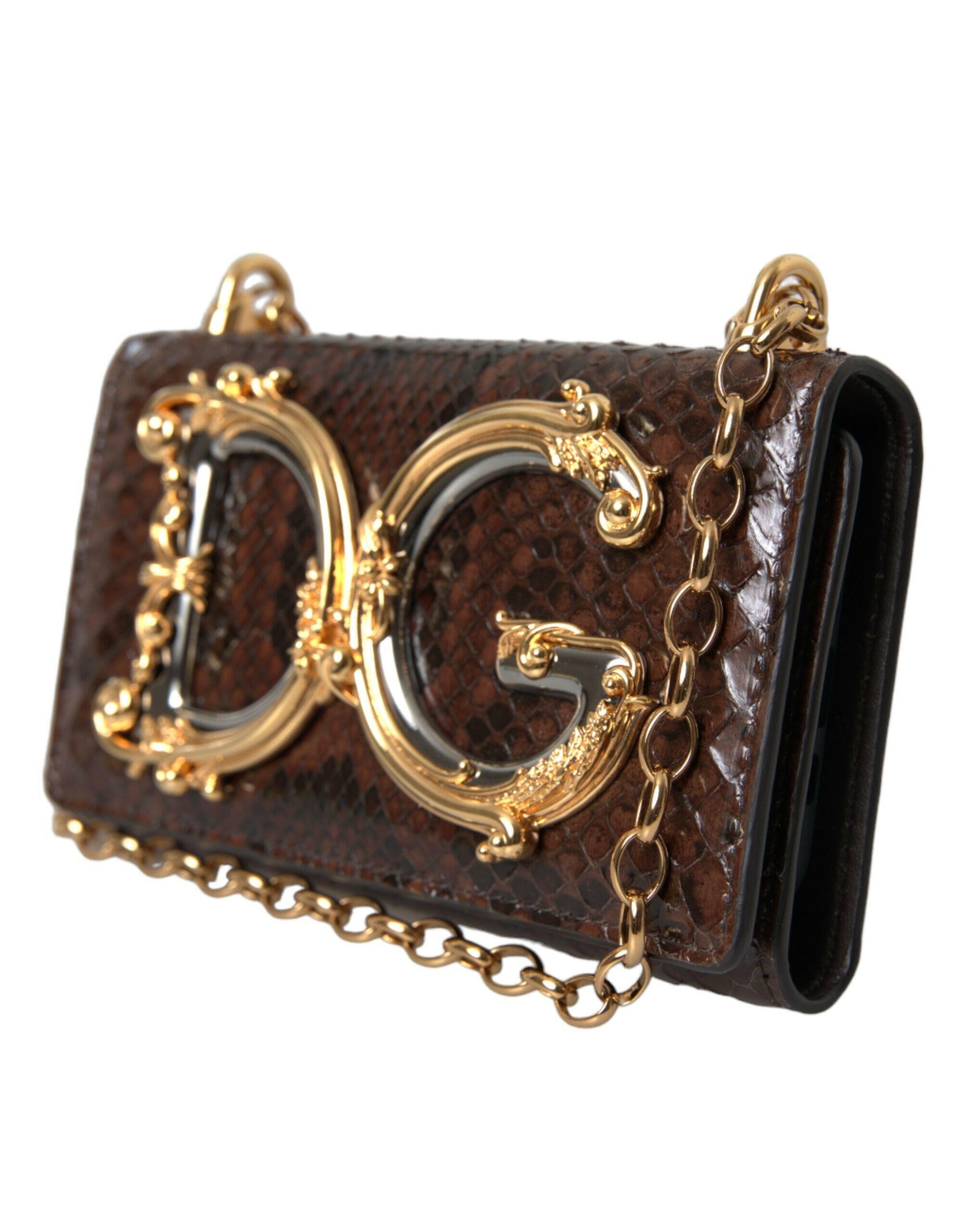 Dolce & Gabbana Brown Python Leather DG Girls Crossbody Phone Bag.