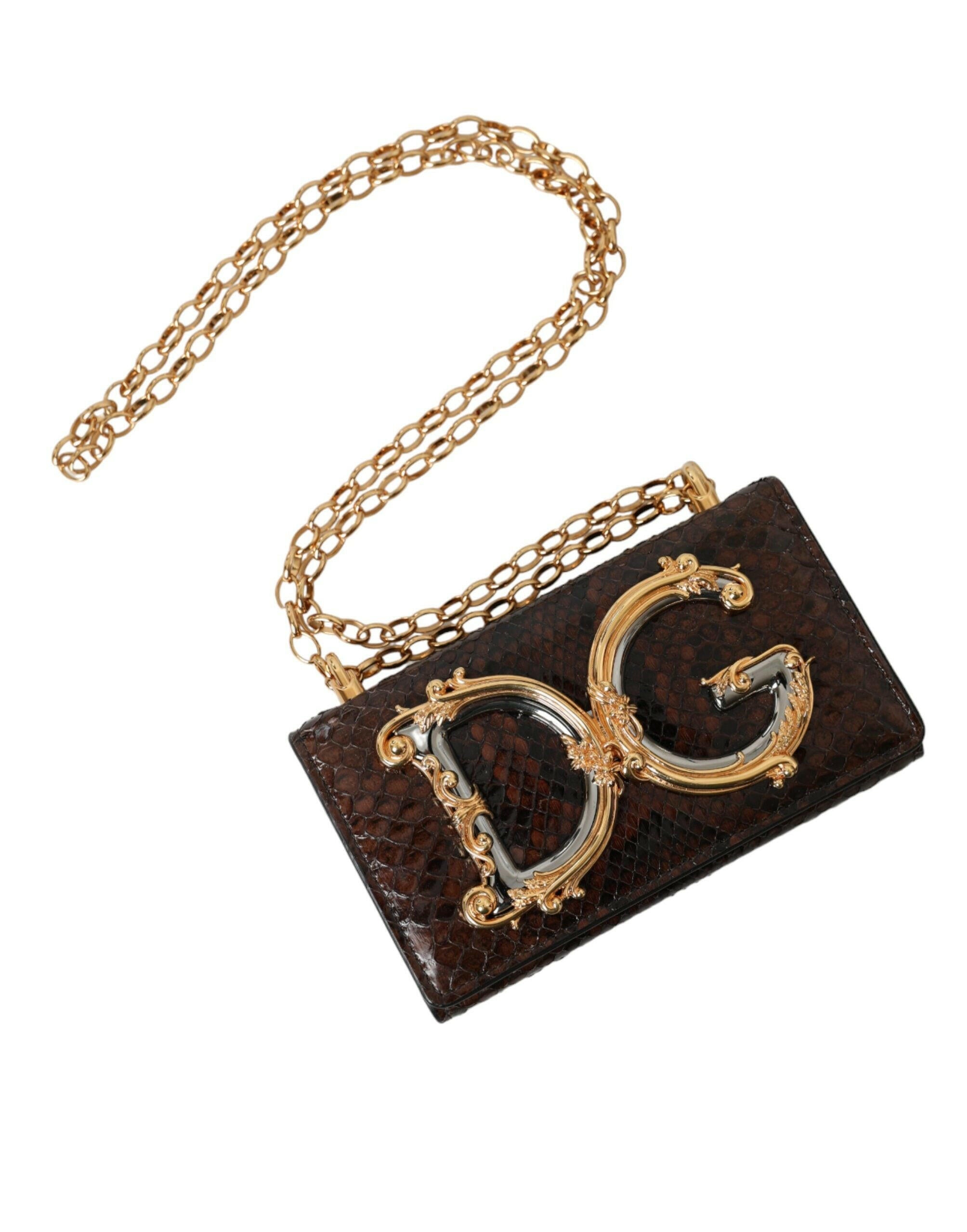Dolce & Gabbana Brown Python Leather DG Girls Crossbody Phone Bag.