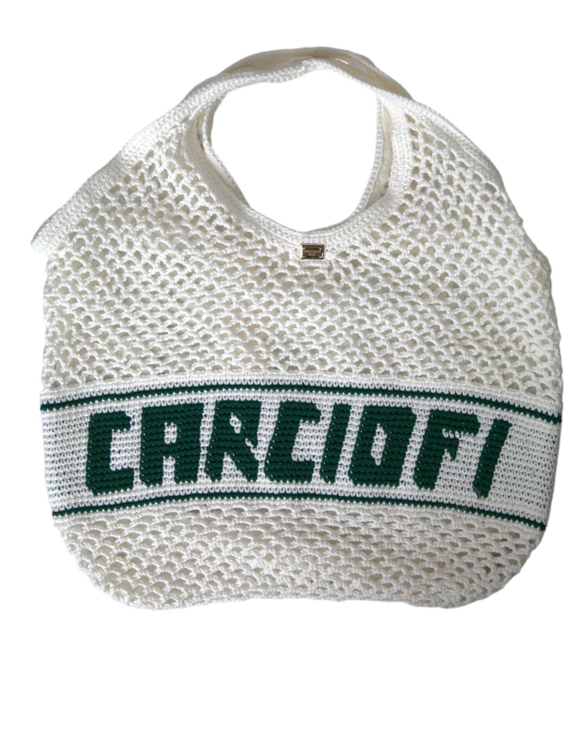 Dolce & Gabbana White Green Knitted Cotton Logo Shopping Tote Bag.