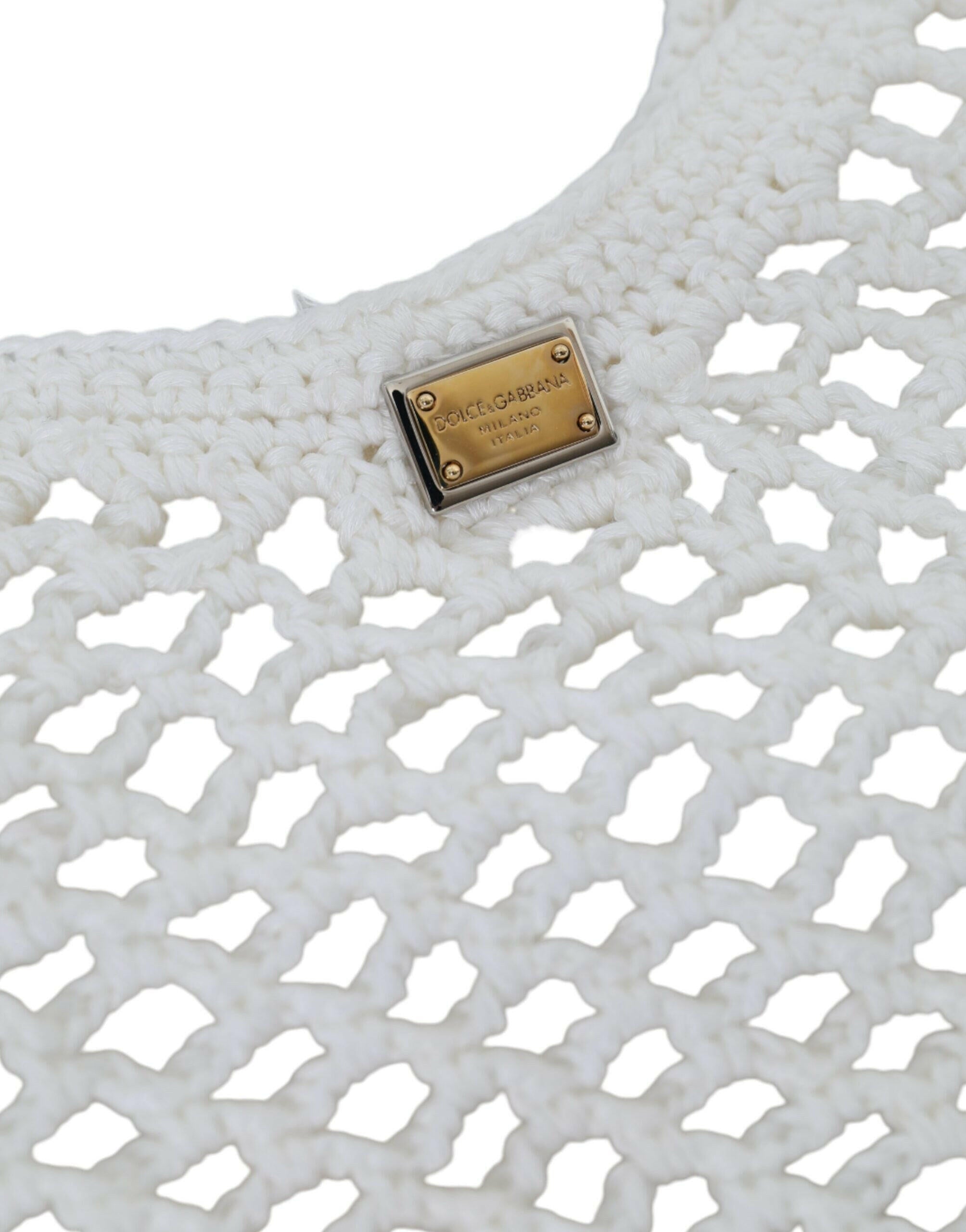 Dolce & Gabbana White Green Knitted Cotton Logo Shopping Tote Bag.