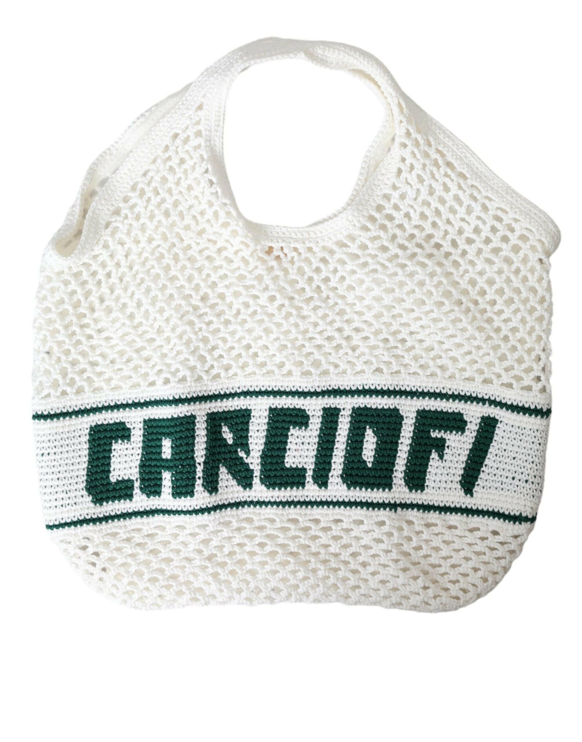 Dolce & Gabbana White Green Knitted Cotton Logo Shopping Tote Bag.