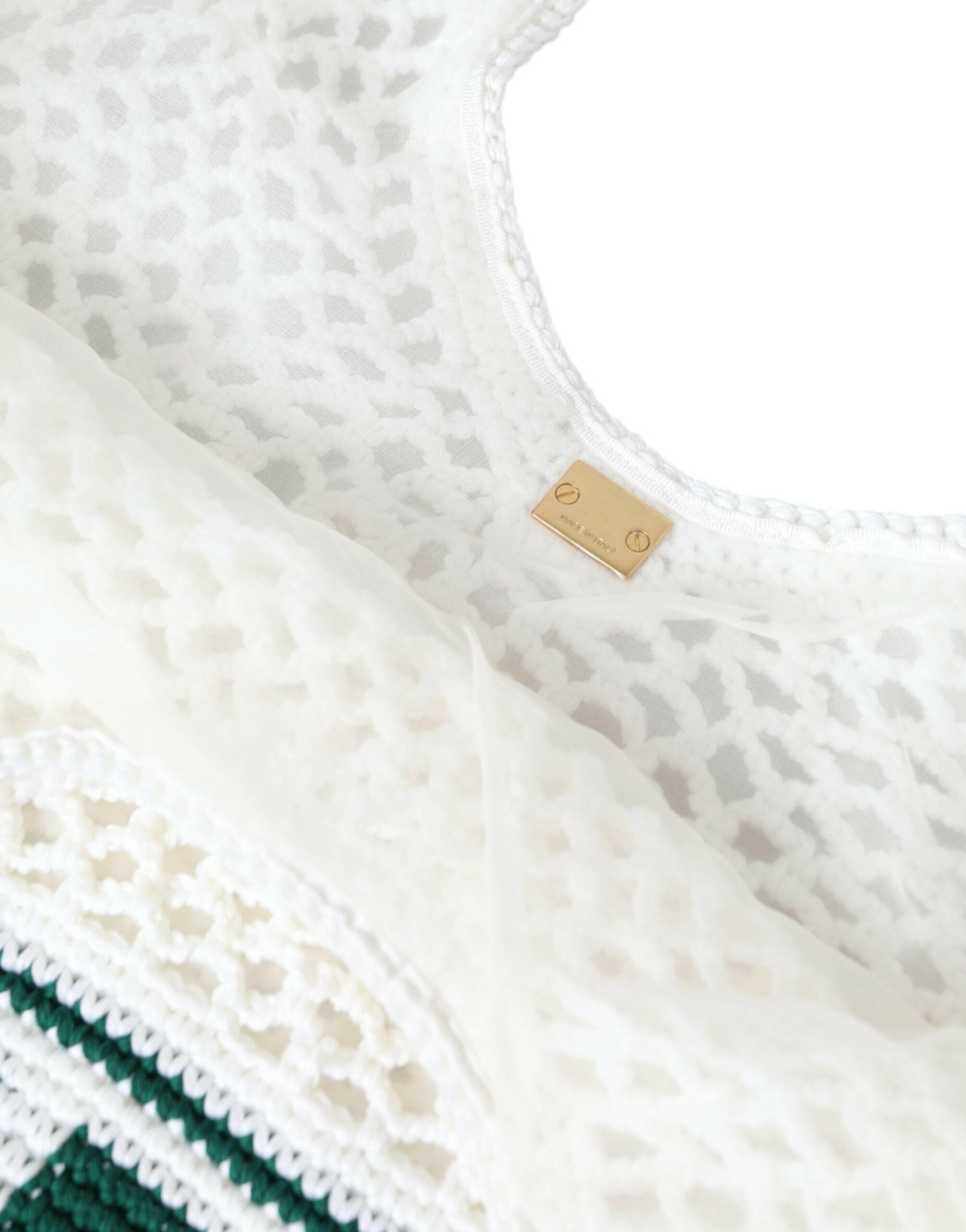 Dolce & Gabbana White Green Knitted Cotton Logo Shopping Tote Bag.