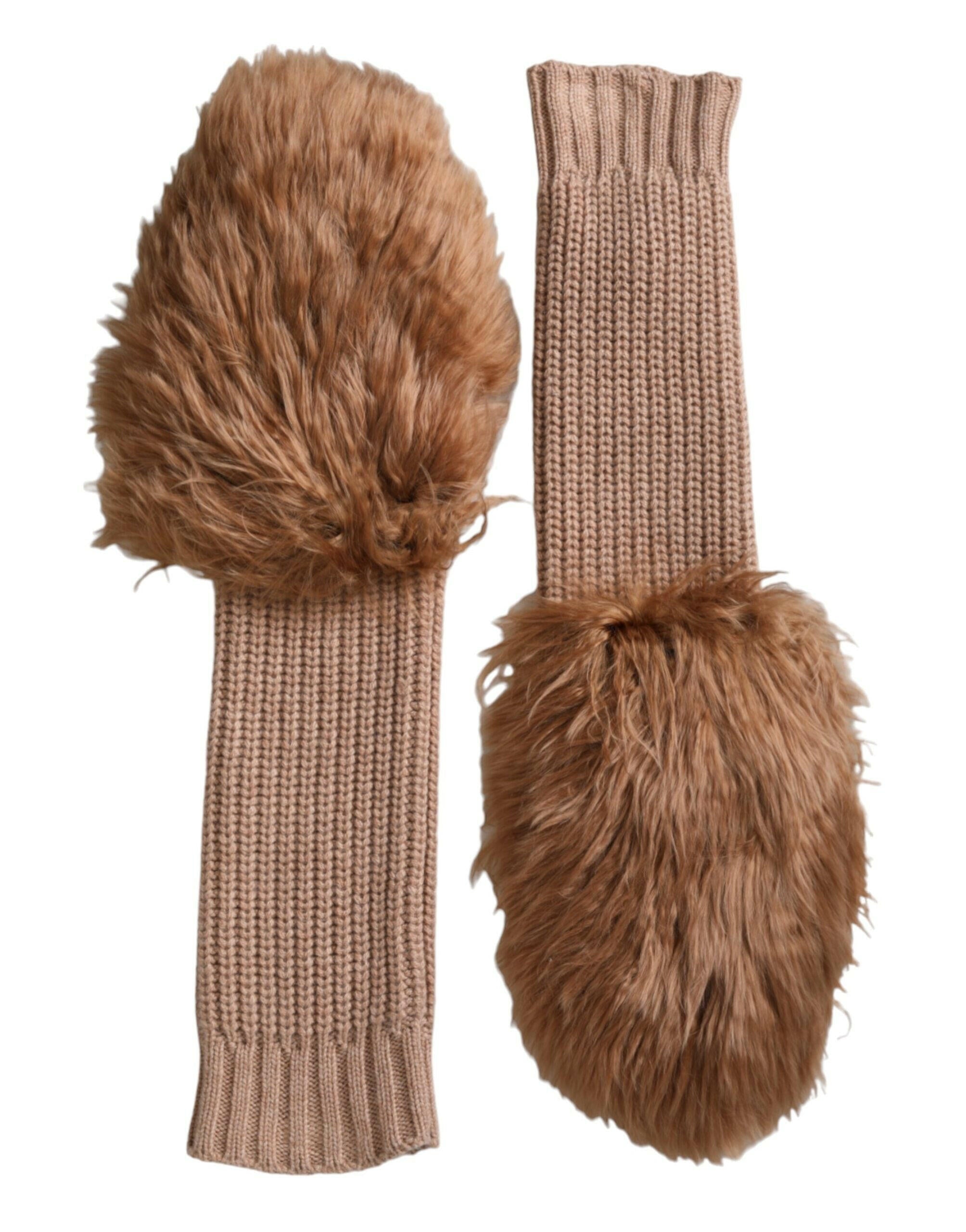 Dolce & Gabbana Brown Cashmere Knitted Fur Mid Arm Mitten Gloves.