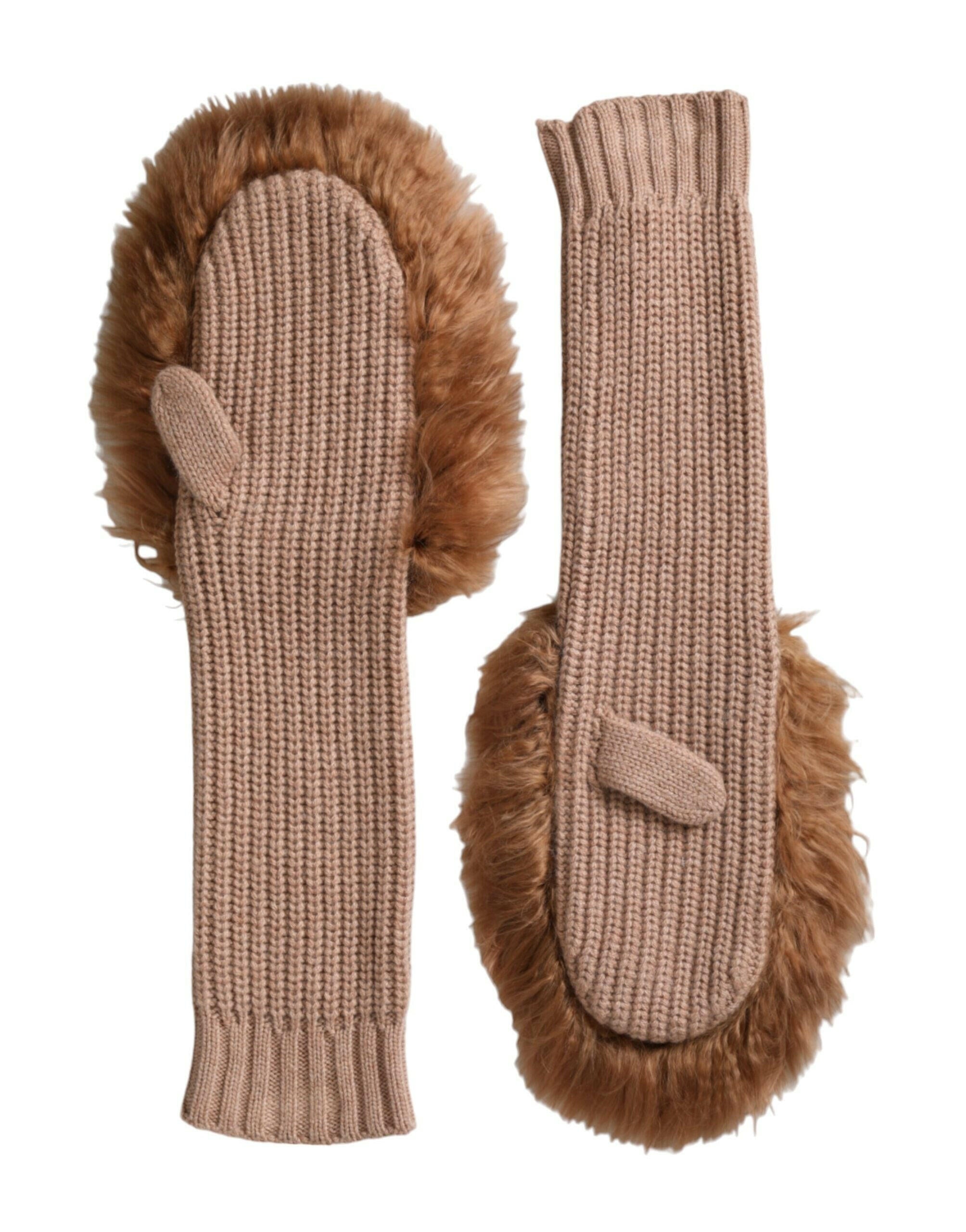 Dolce & Gabbana Brown Cashmere Knitted Fur Mid Arm Mitten Gloves.