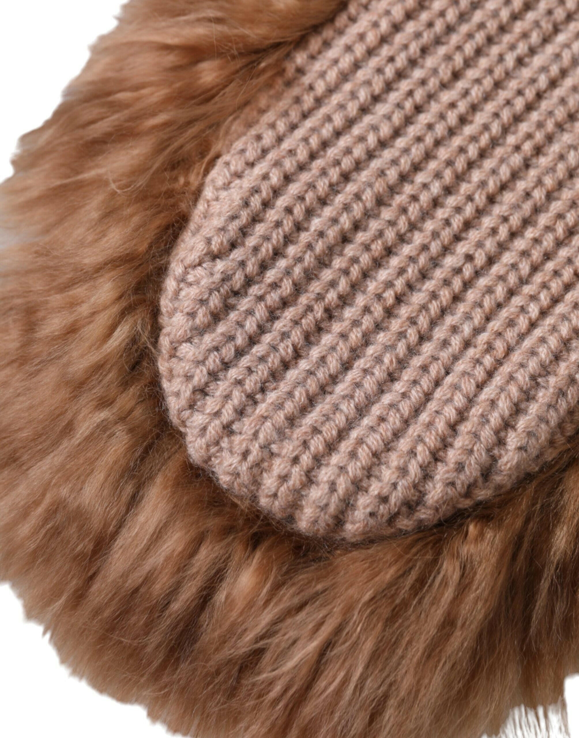 Dolce & Gabbana Brown Cashmere Knitted Fur Mid Arm Mitten Gloves.