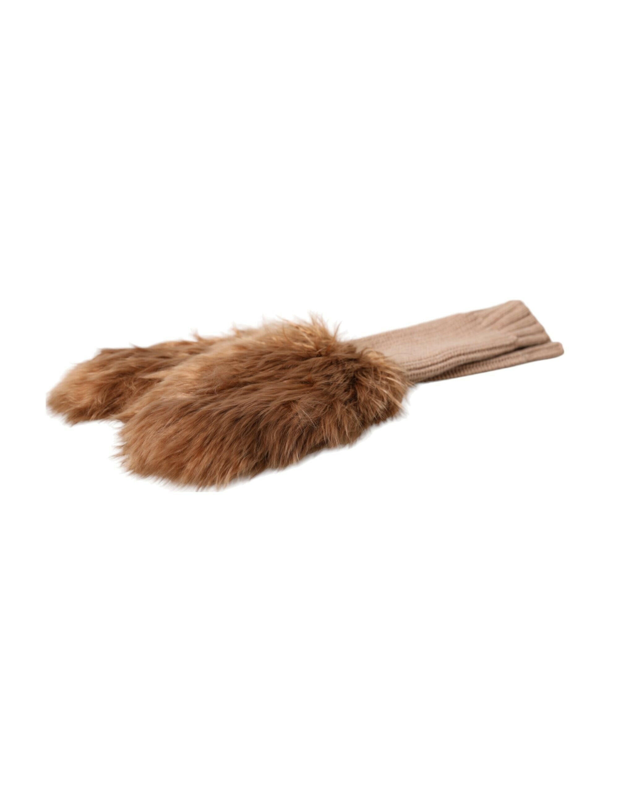 Dolce & Gabbana Brown Cashmere Knitted Fur Mid Arm Mitten Gloves.