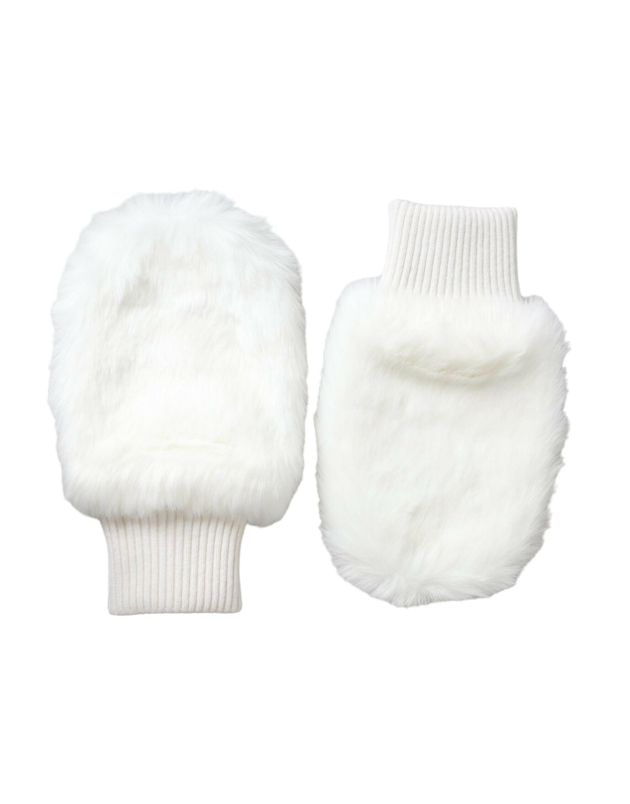 Dolce & Gabbana White Acrylic Knitted Fur Wrist Mitten Gloves.