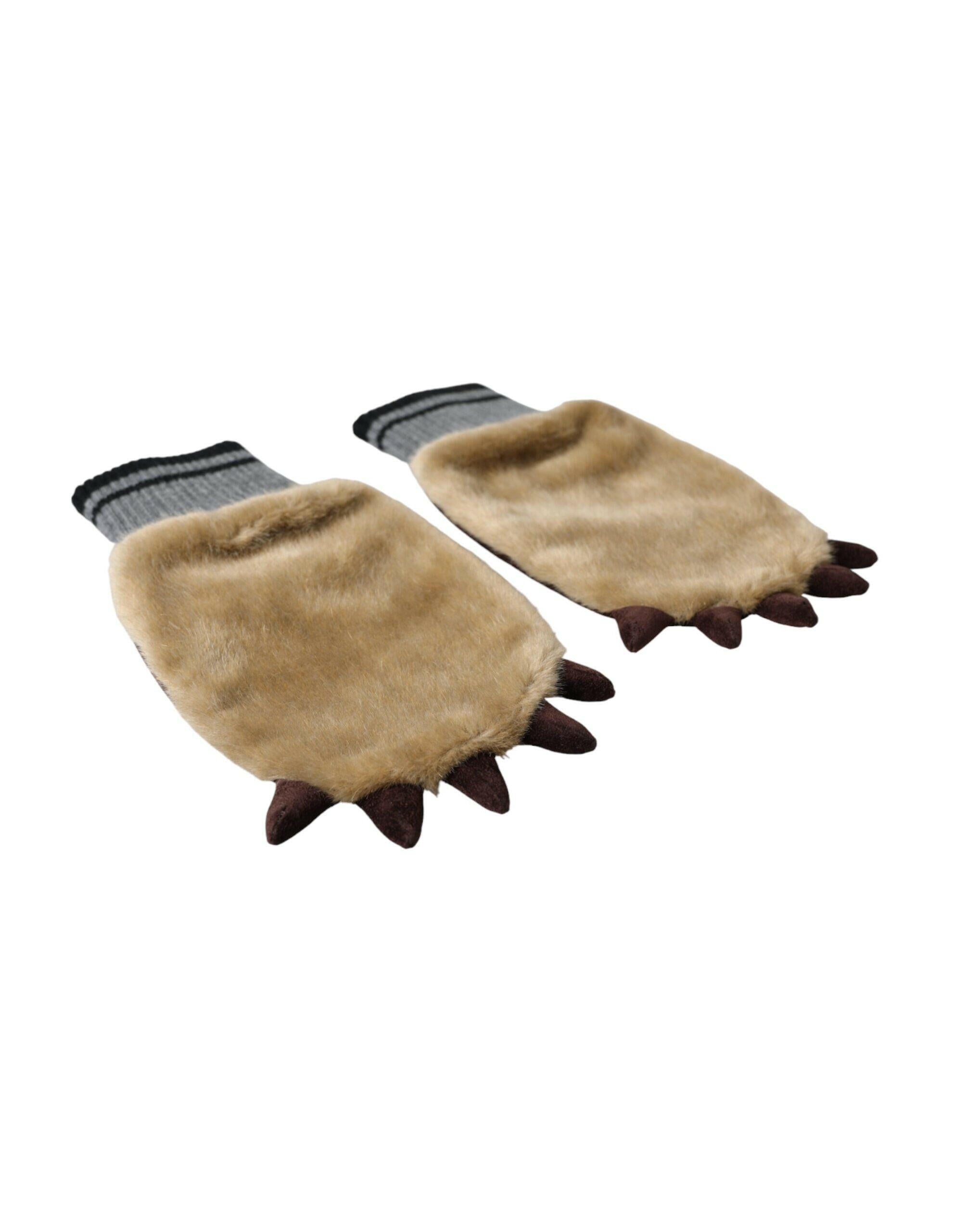 Dolce & Gabbana Beige Acrylic Knitted Fur Wrist Mitten Gloves.