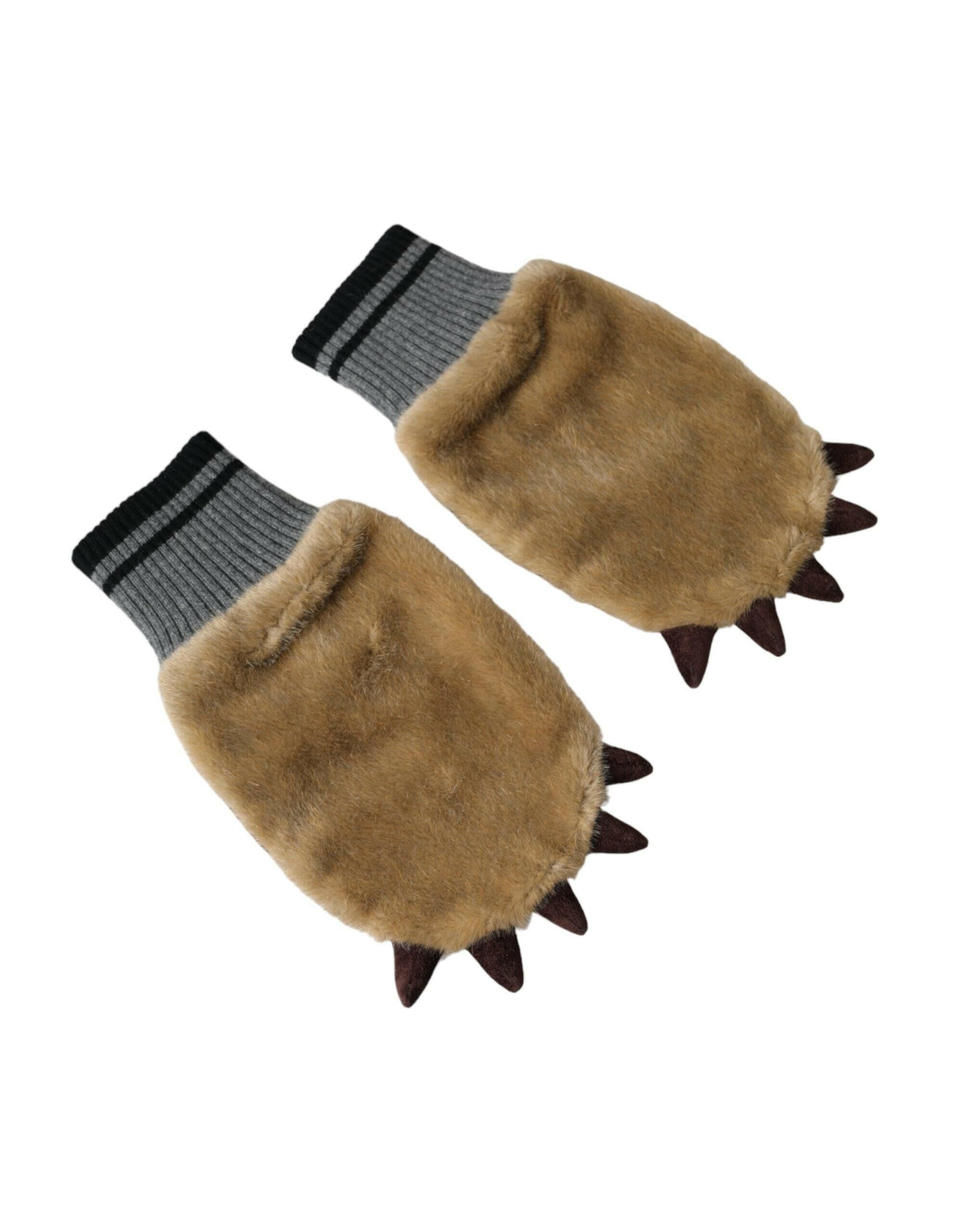 Dolce & Gabbana Beige Acrylic Knitted Fur Wrist Mitten Gloves.