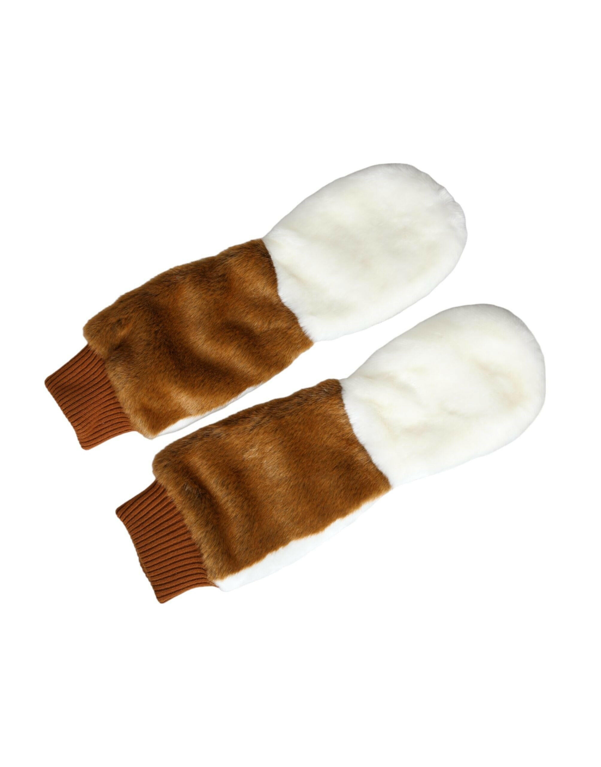 Dolce & Gabbana Brown White Acrylic Knitted Fur Mitten Gloves.