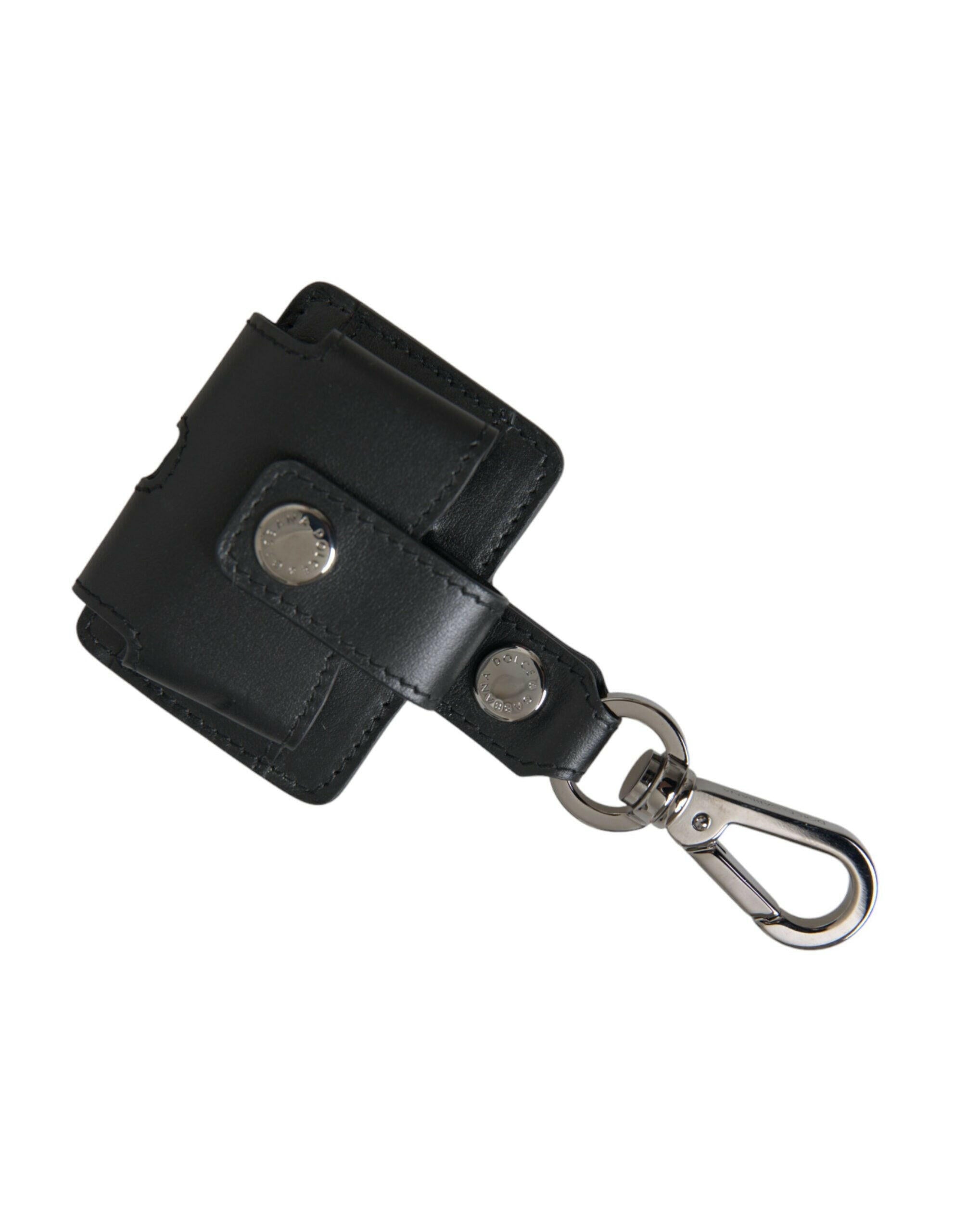 Dolce & Gabbana Black Plain Leather Silver Metal Airpods Case.