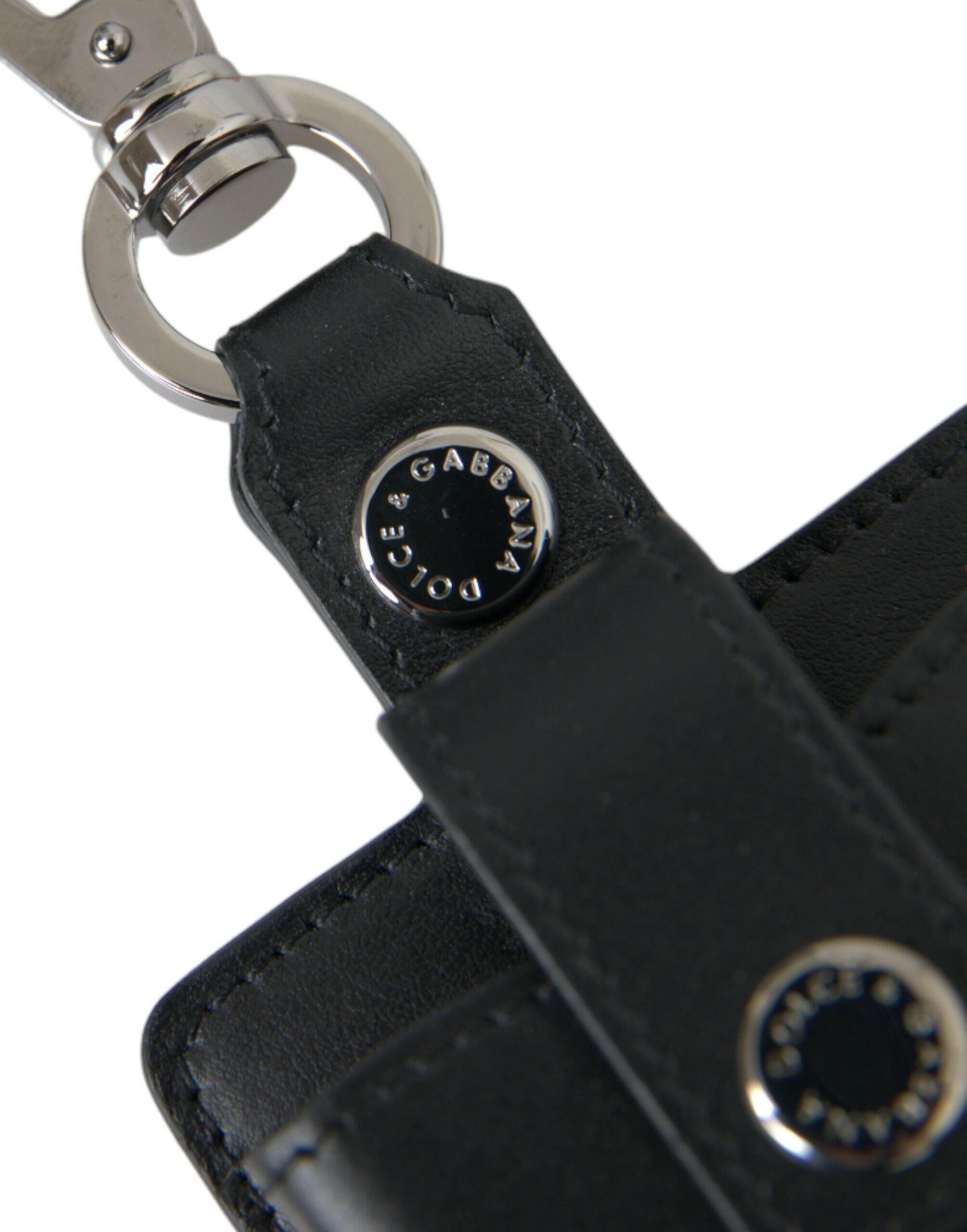 Dolce & Gabbana Black Plain Leather Silver Metal Airpods Case.