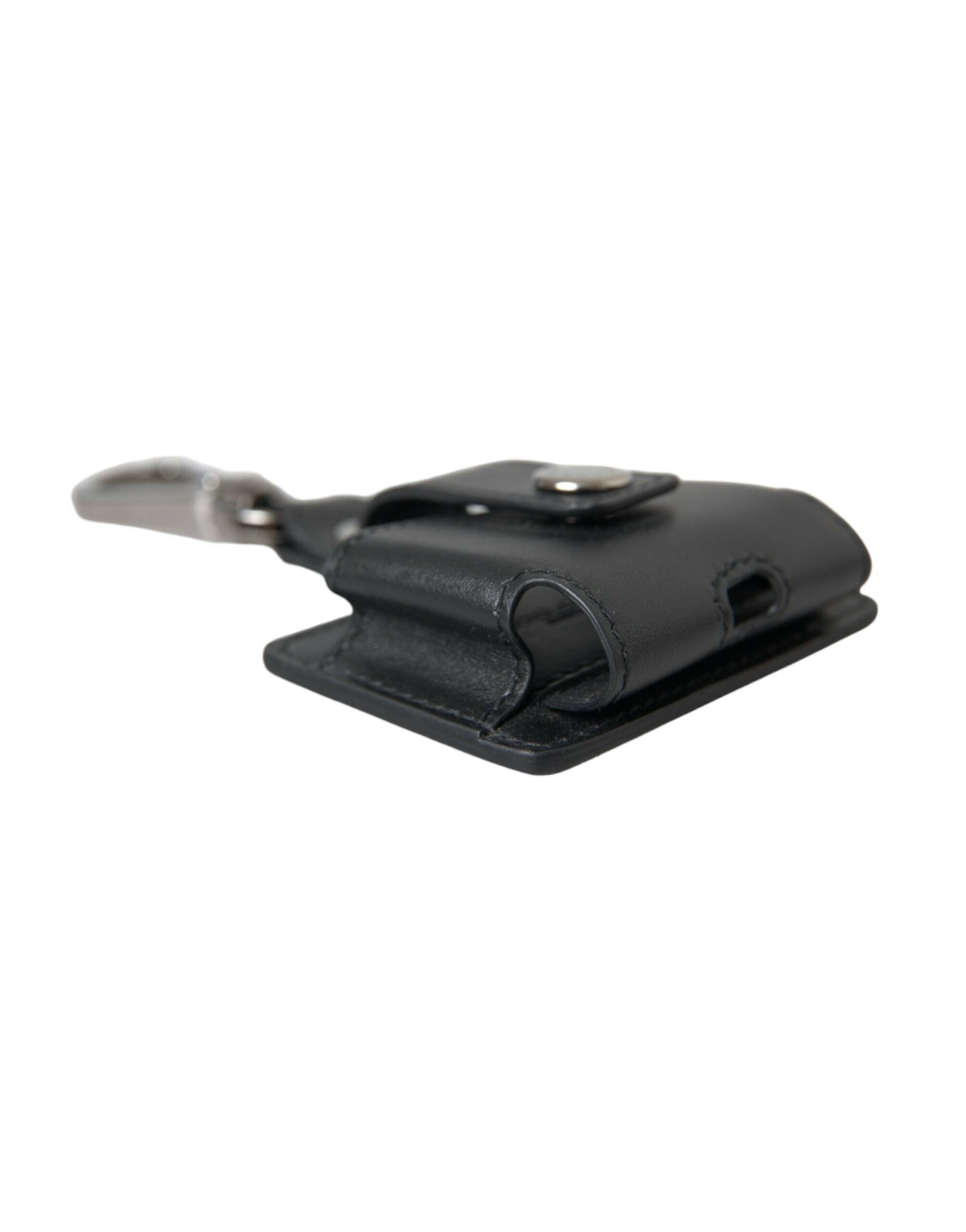 Dolce & Gabbana Black Plain Leather Silver Metal Airpods Case.