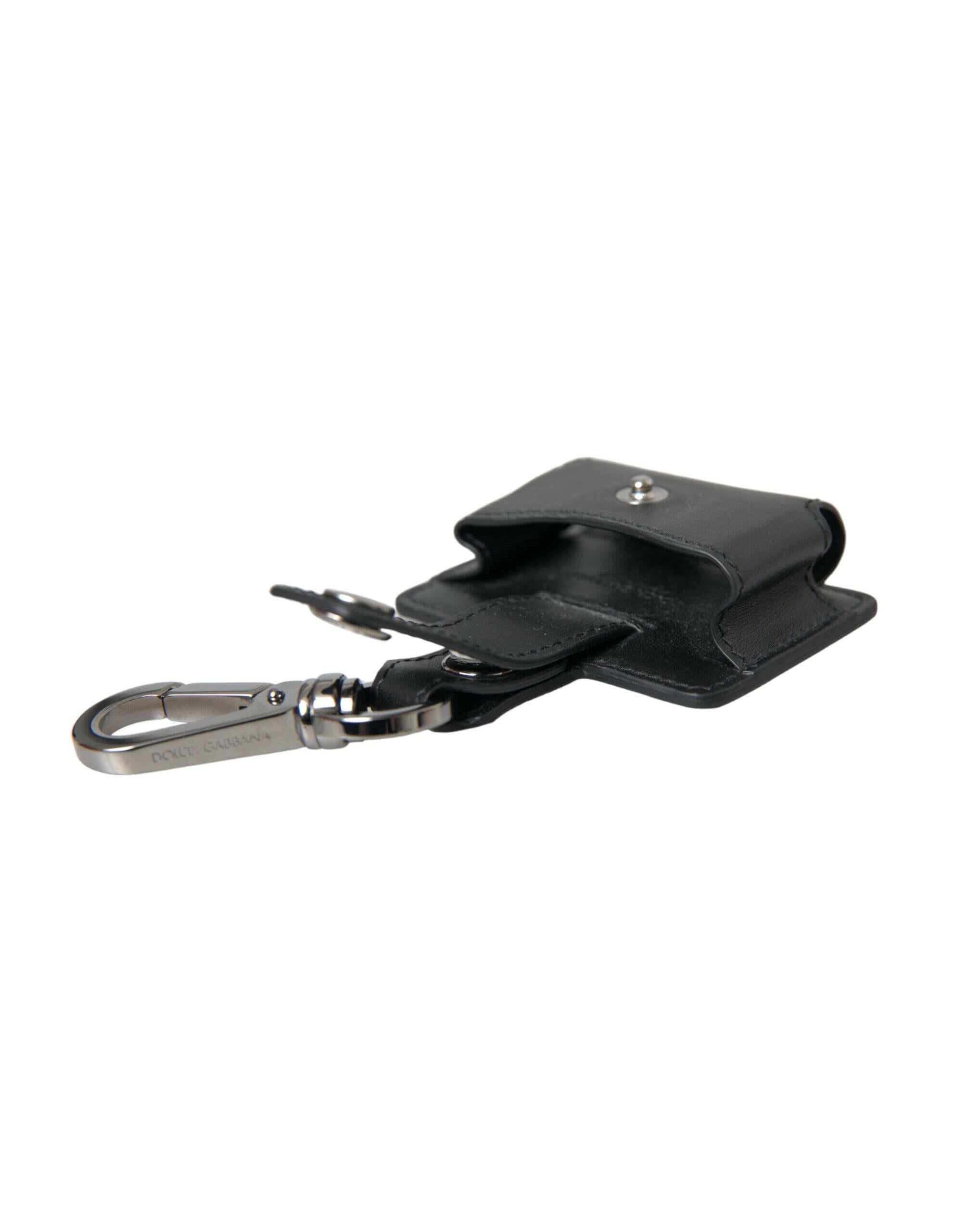 Dolce & Gabbana Black Plain Leather Silver Metal Airpods Case.